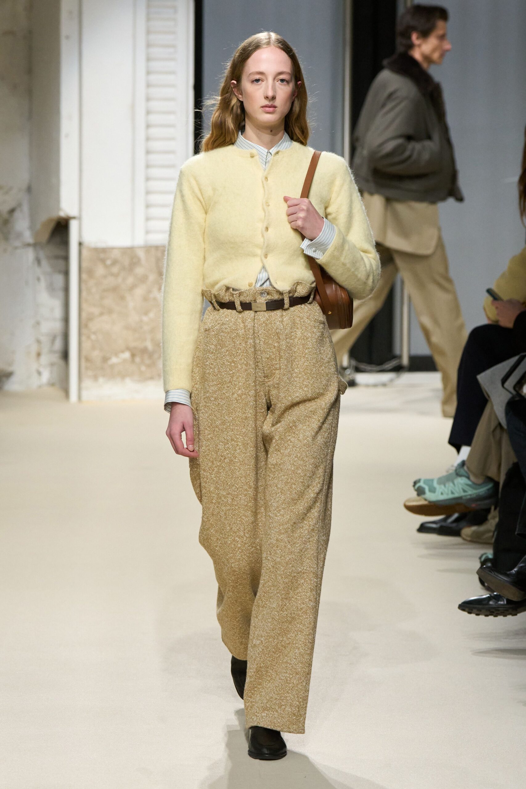 yellow cardigan beige pants