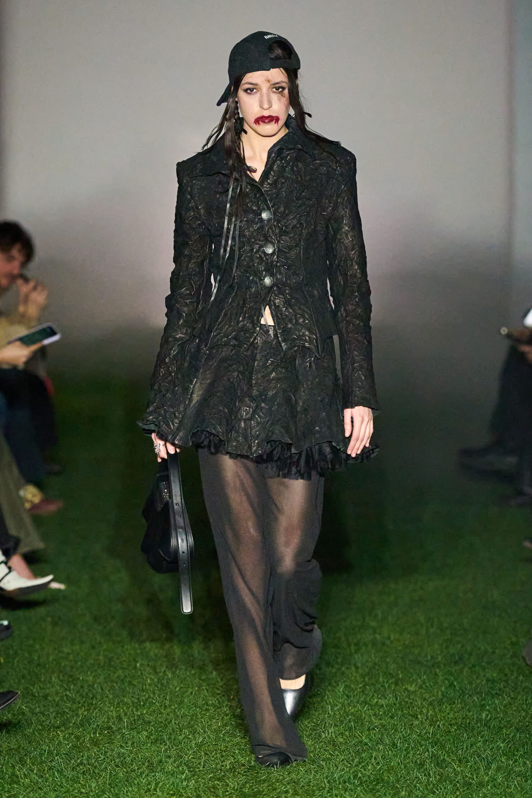 black cotton long-sleeve collared fitted buttoned ruffled jacket