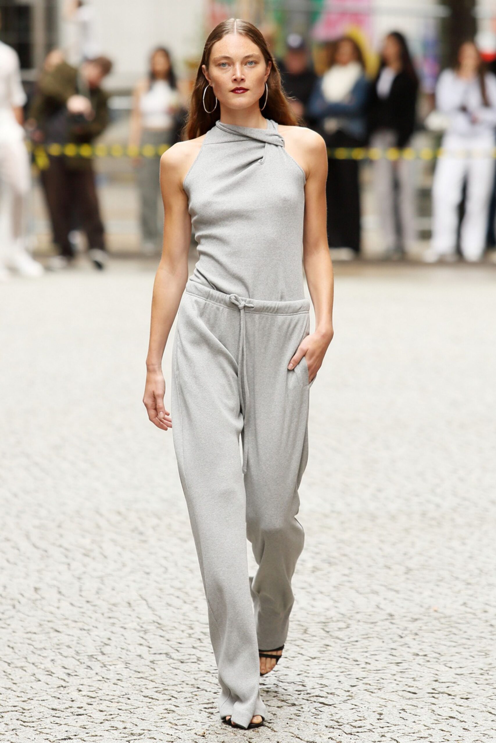 gray fitted sleeveless jumpsuit