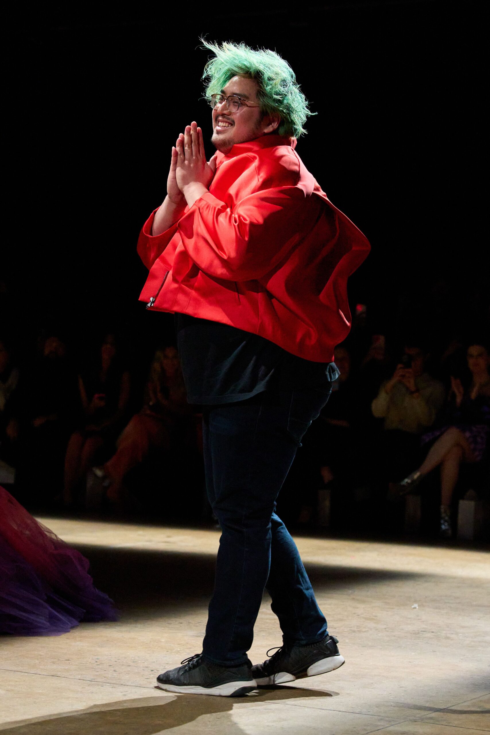 red relaxed jacket with black t-shirt