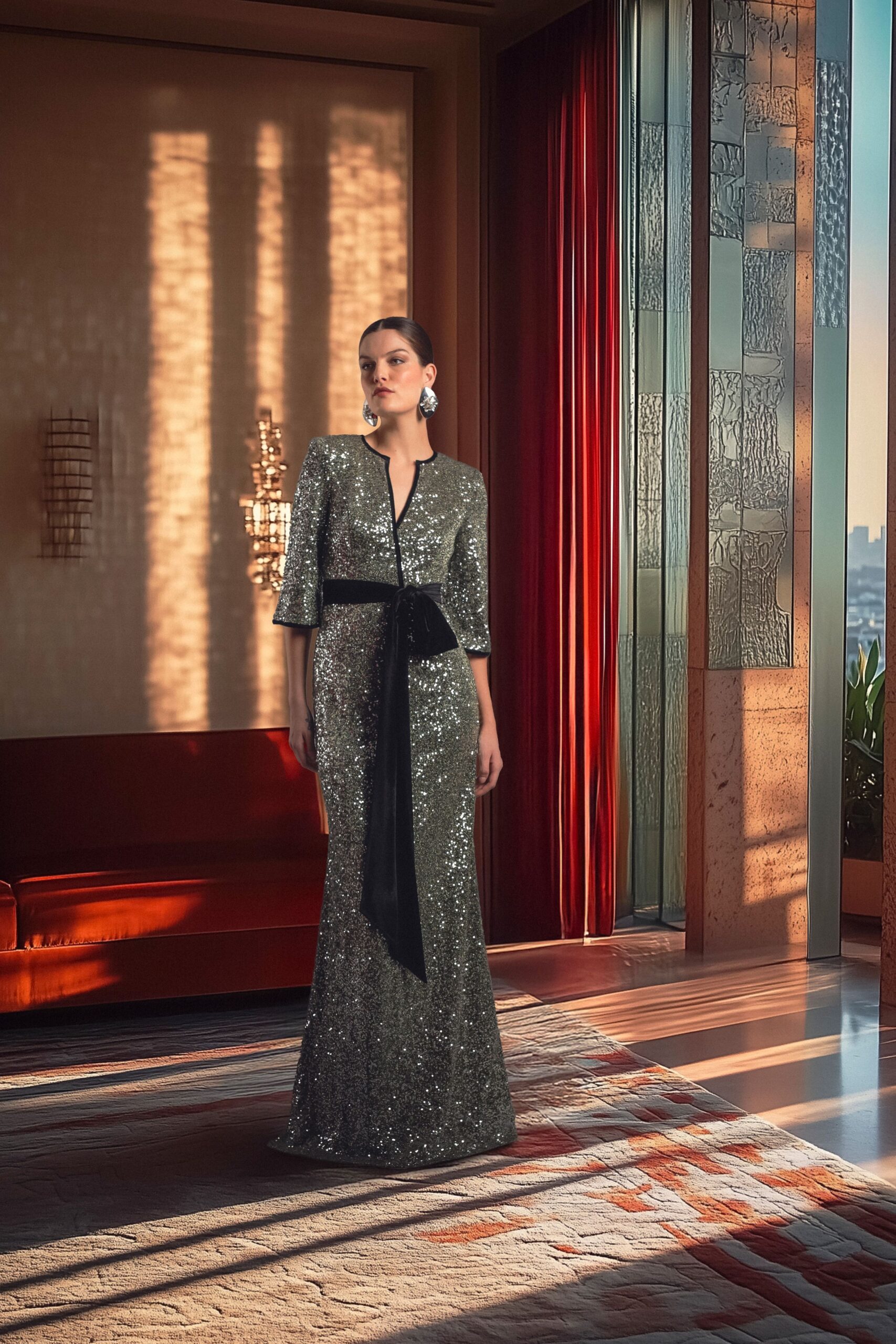 gray sequin long-sleeve gown