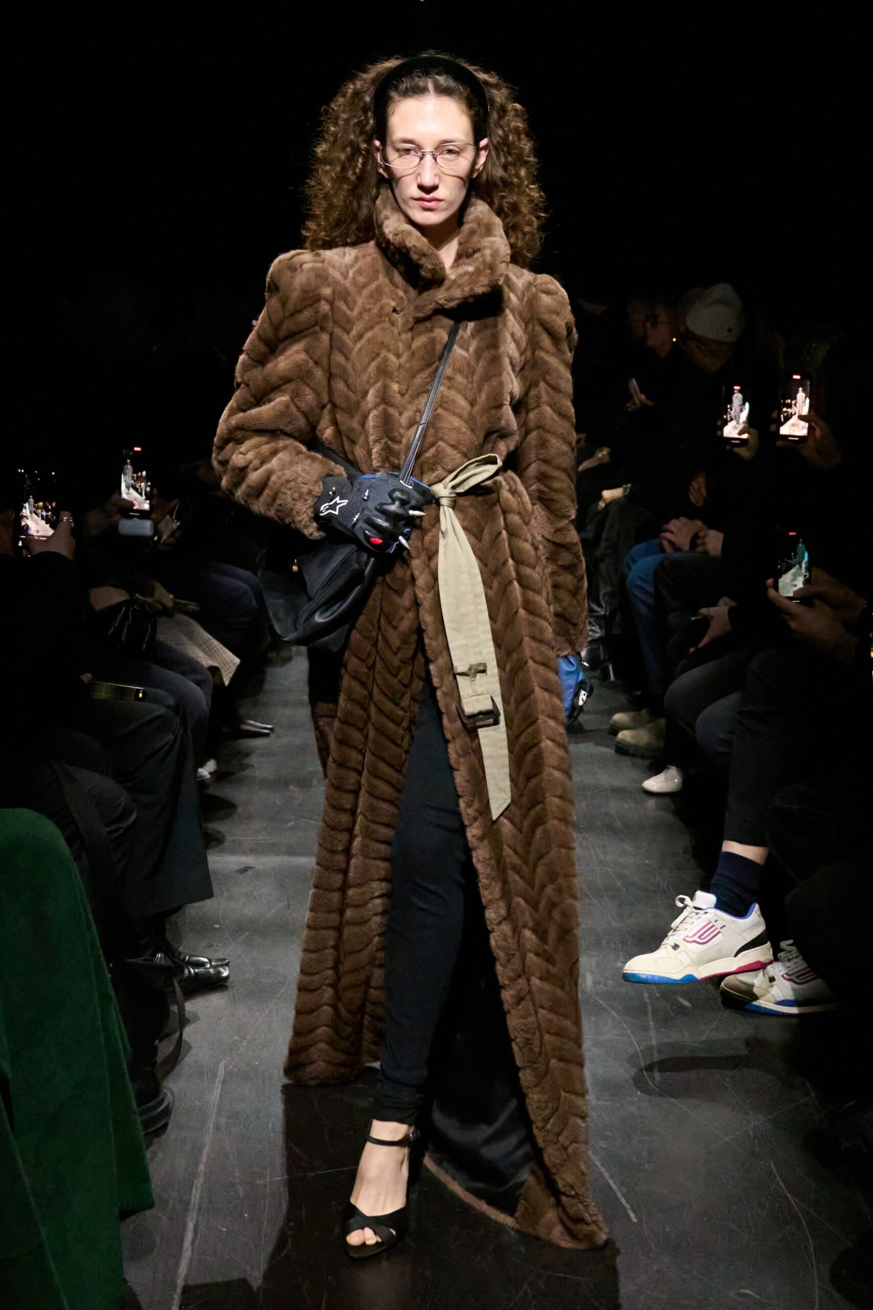 brown fur long-sleeve collared fitted zippered belted coat