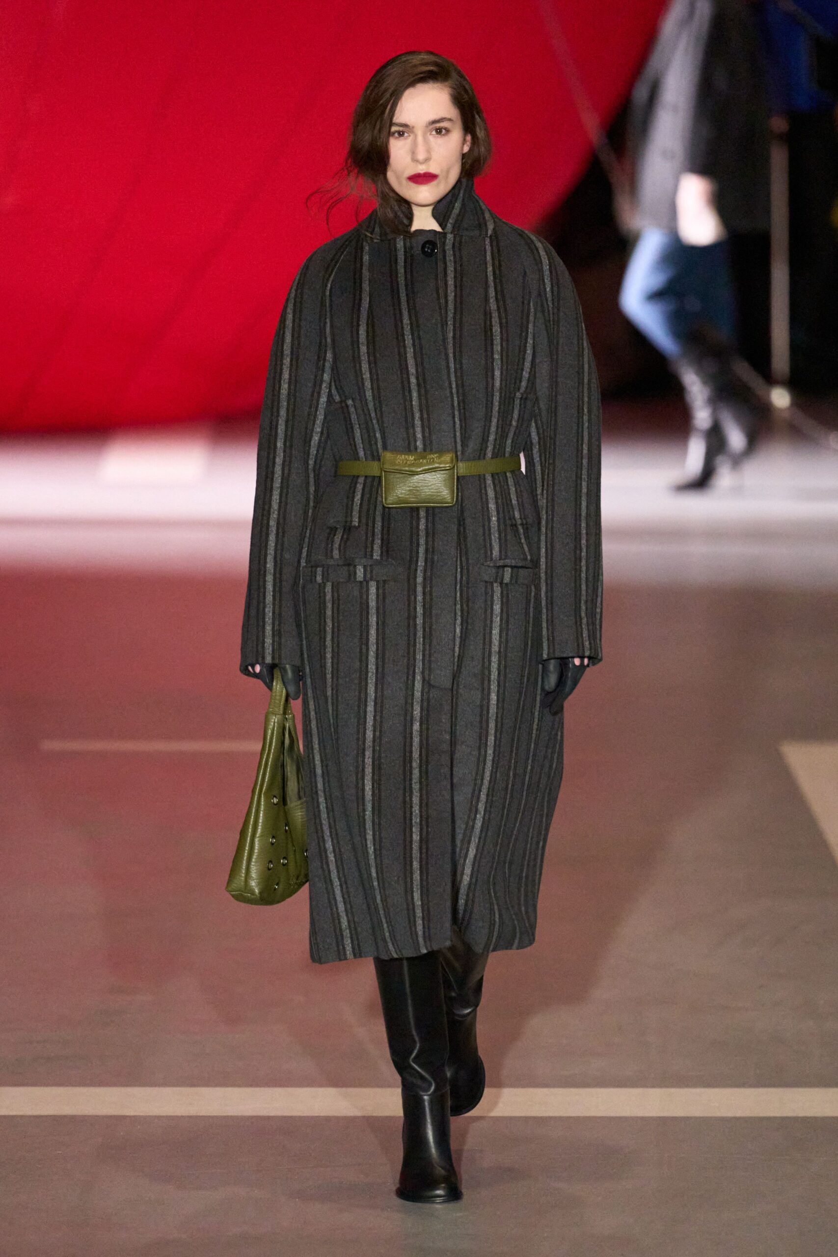 gray striped coat with leather pants