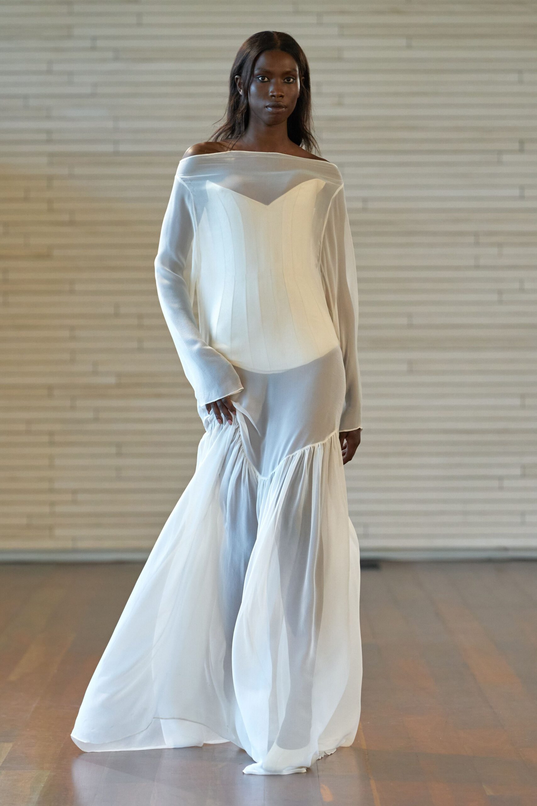 white silk off-shoulder gown