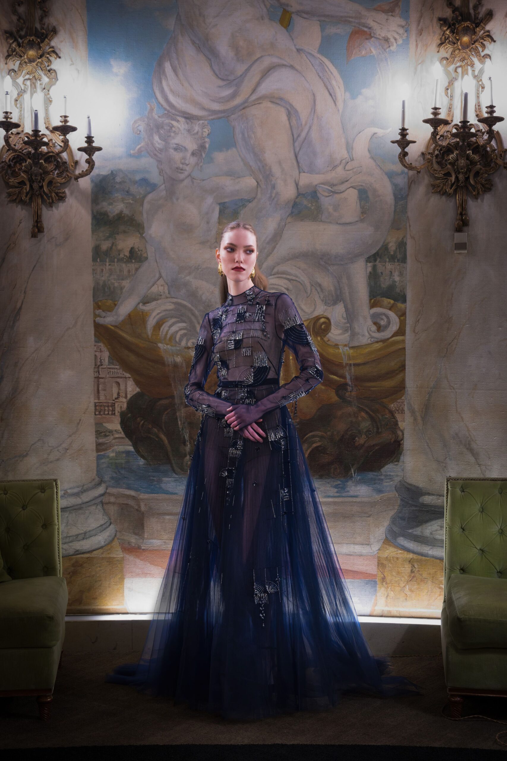 sheer embellished blue gown