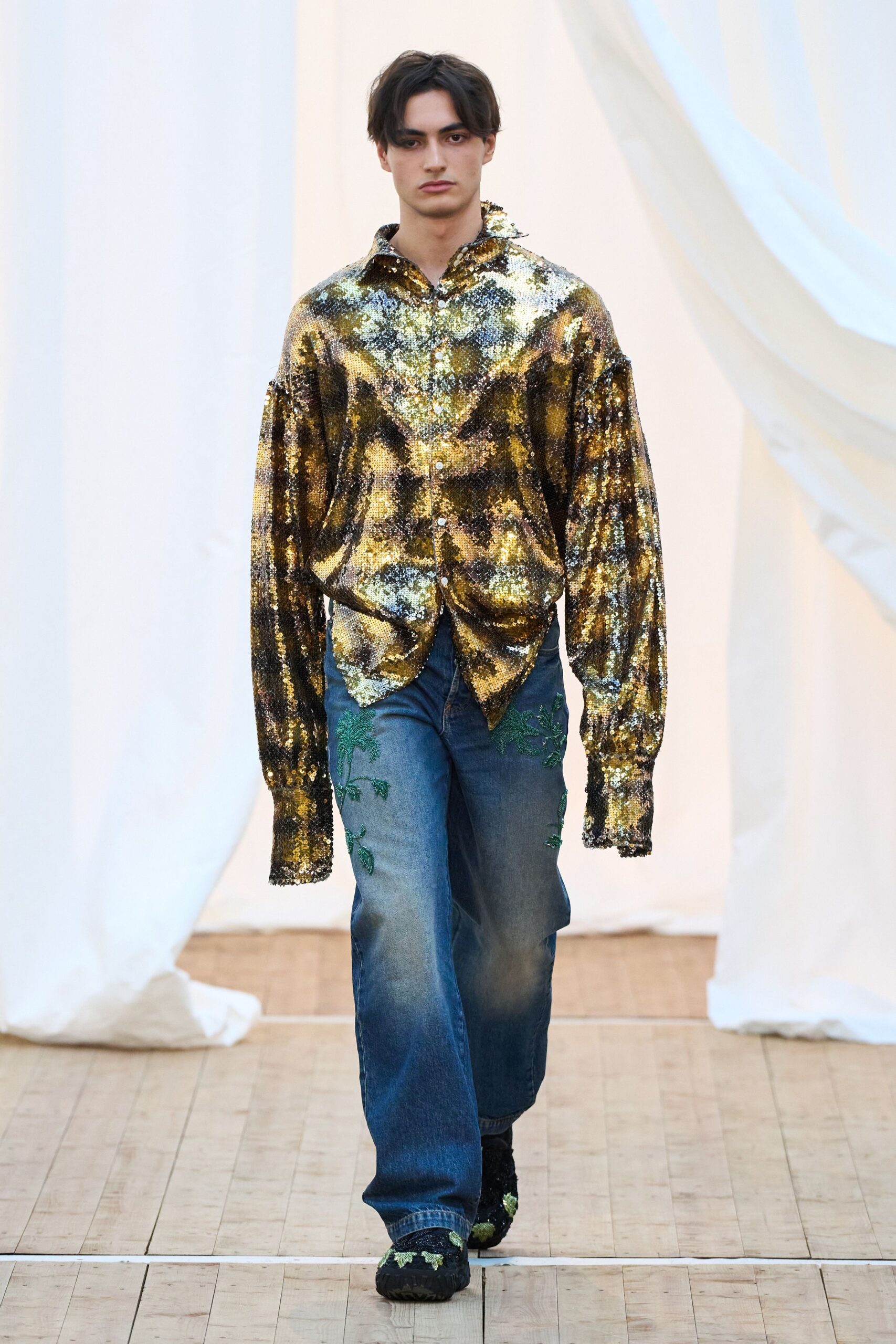 gold sequin long-sleeve collared relaxed buttoned shiny shirt