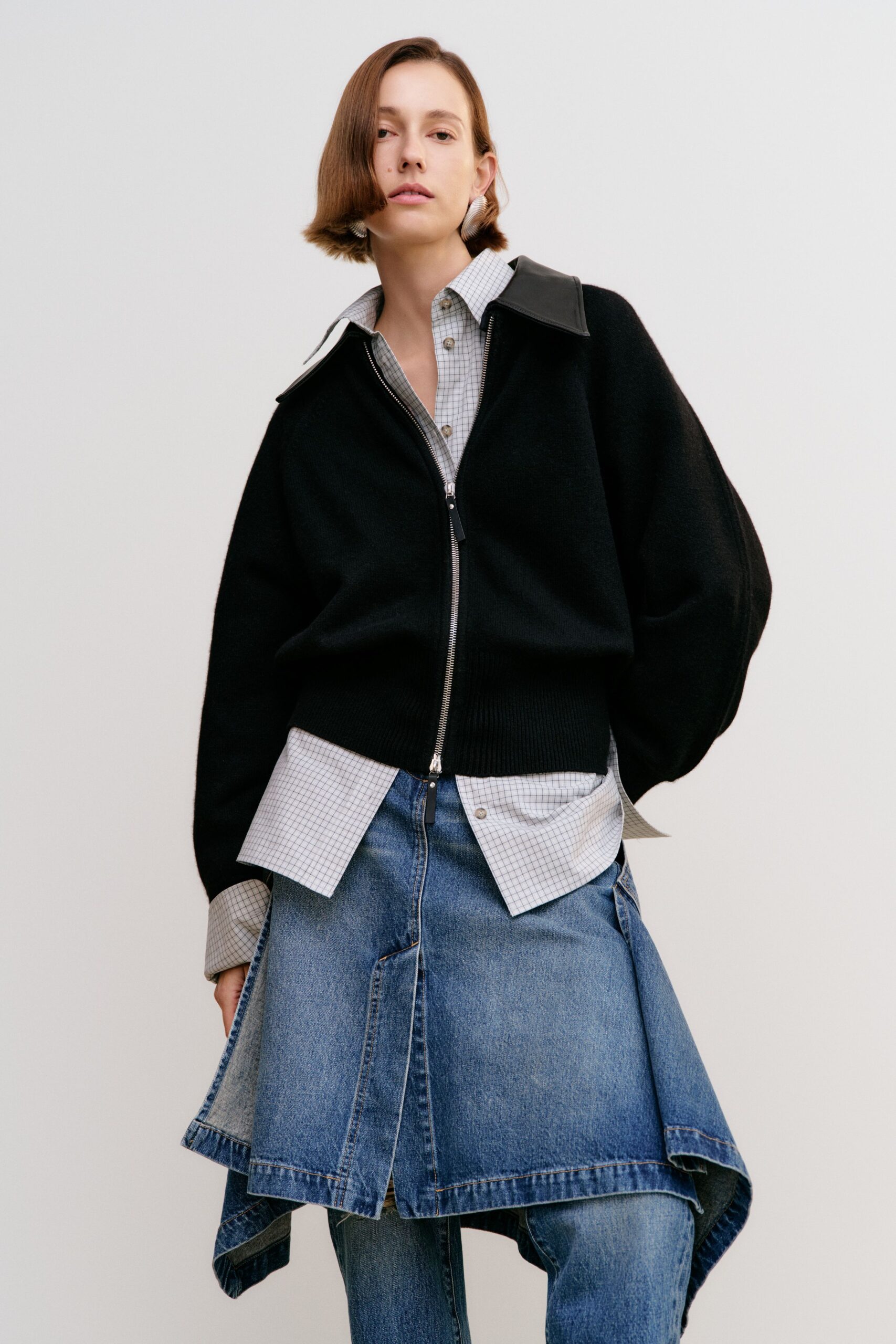 black wool long-sleeve collared oversized zippered pockets jacket