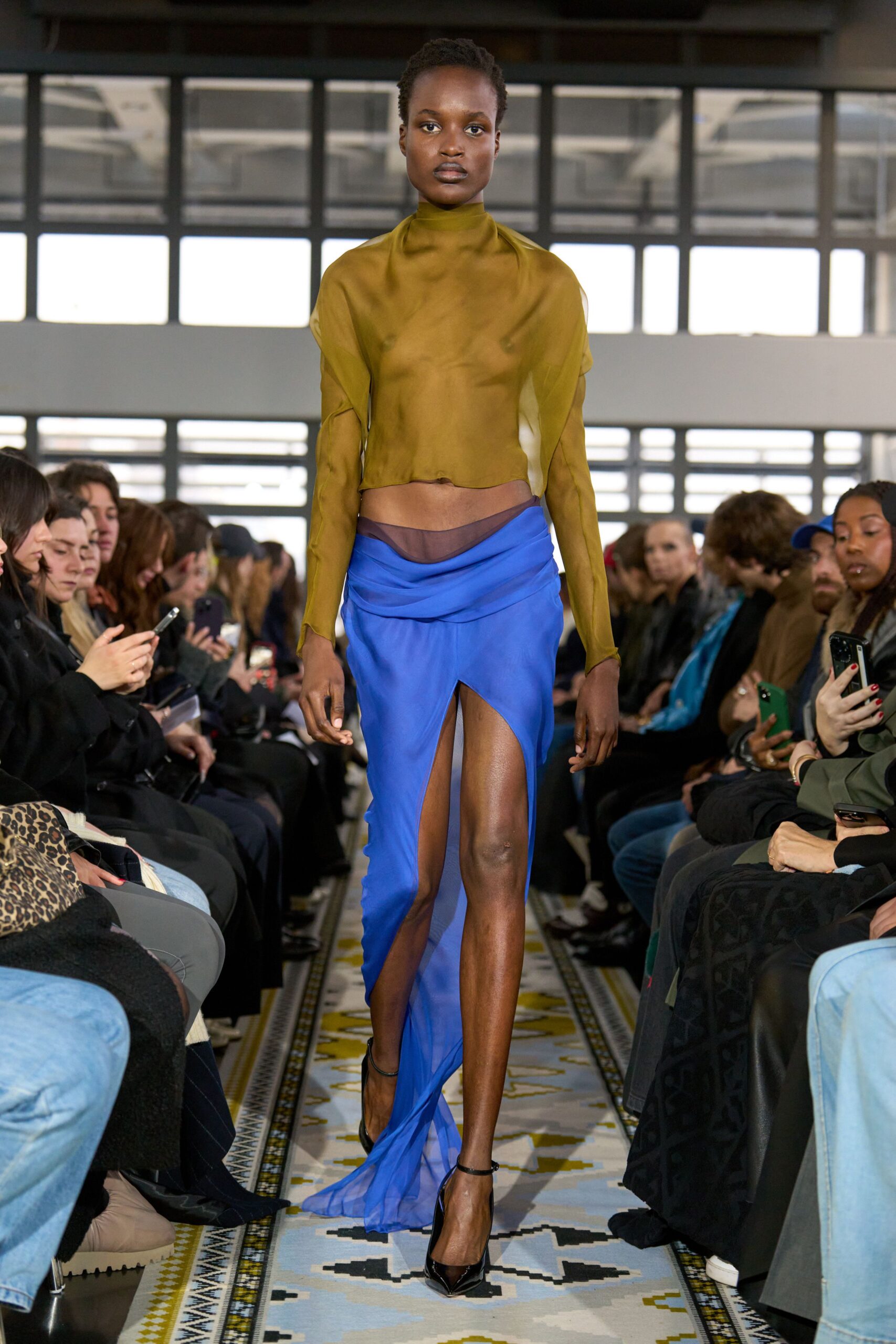 blue chiffon slit fitted draped flowing midi skirt