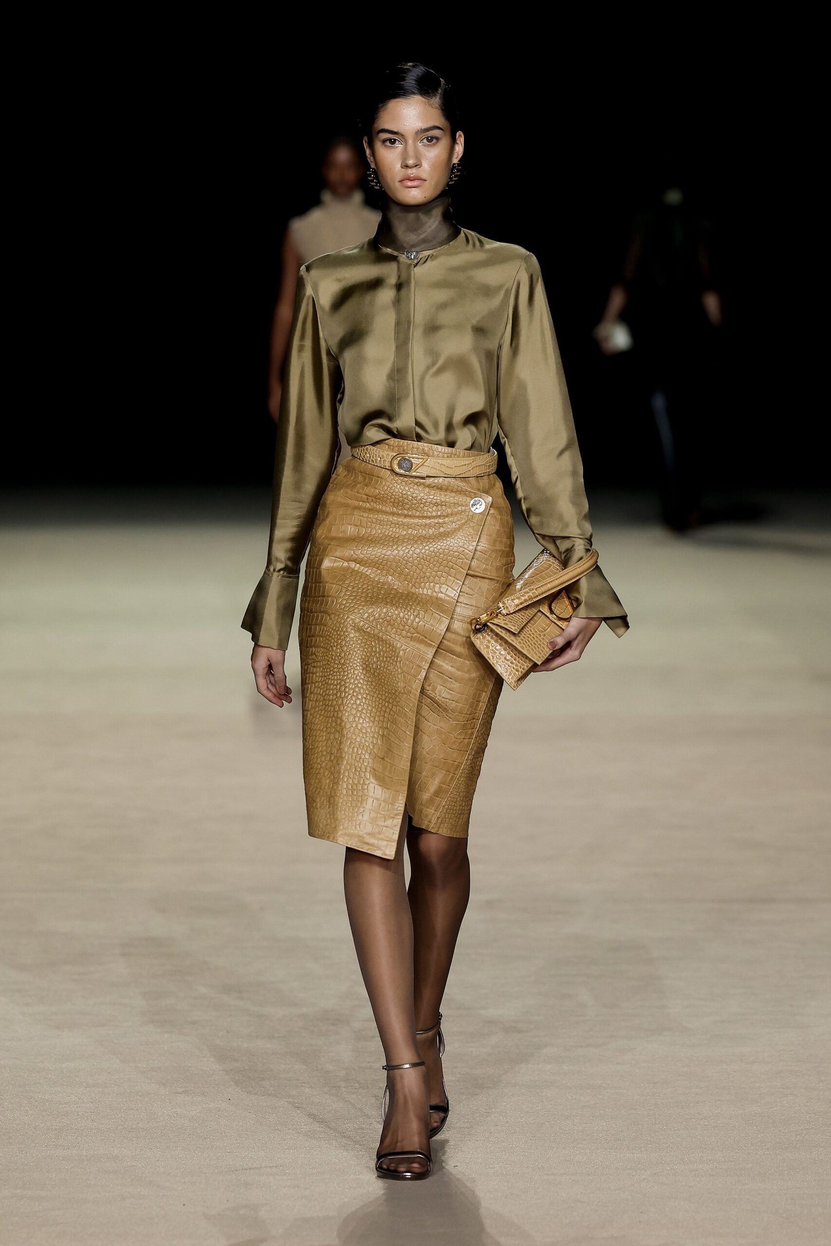 green silk shirt brown leather skirt