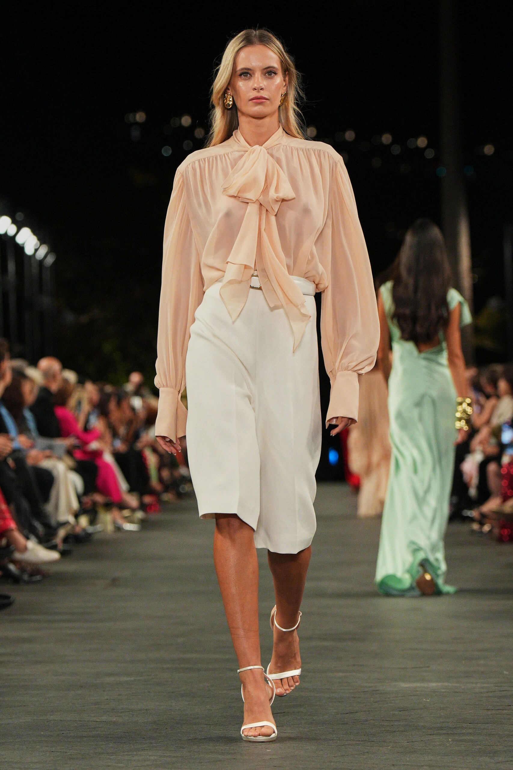 beige sheer blouse ivory skirt white sandals