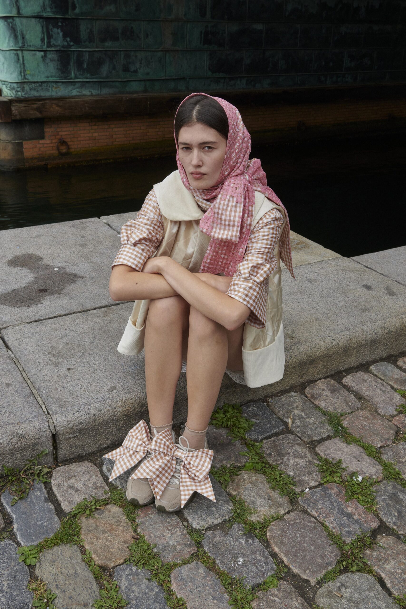 pink cotton relaxed checked layered maxi scarf