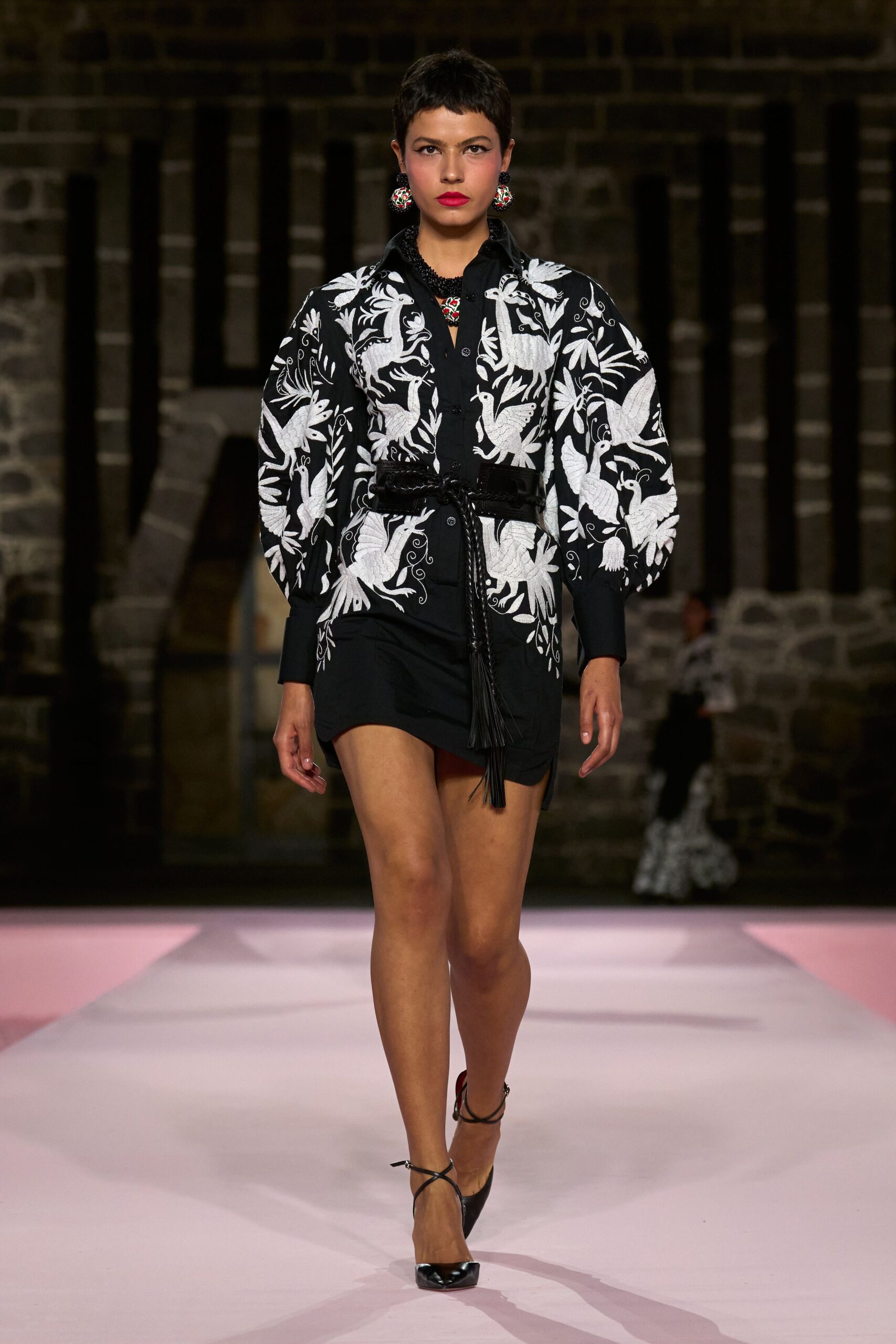 black embroidered jacket and mini dress