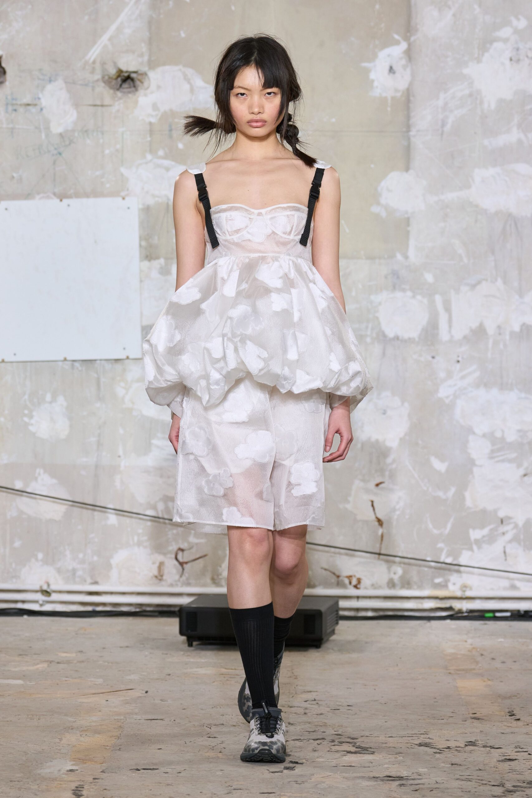 white sheer layered dress with black shoes