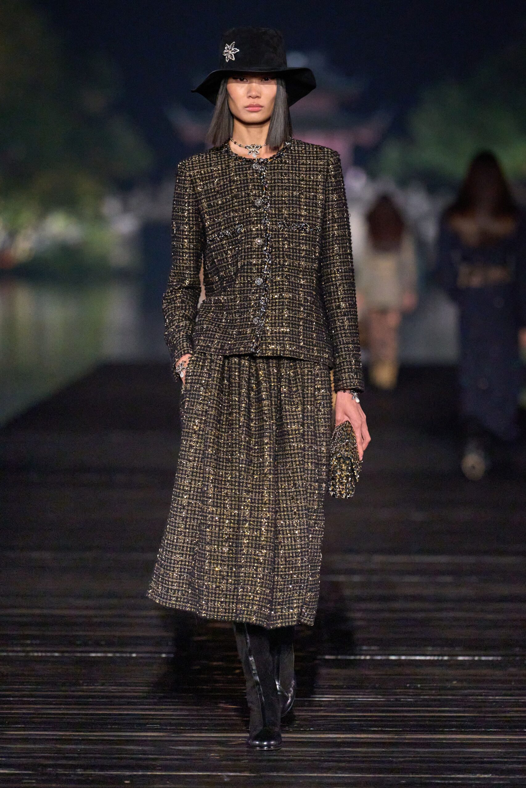 black gold tweed suit with hat