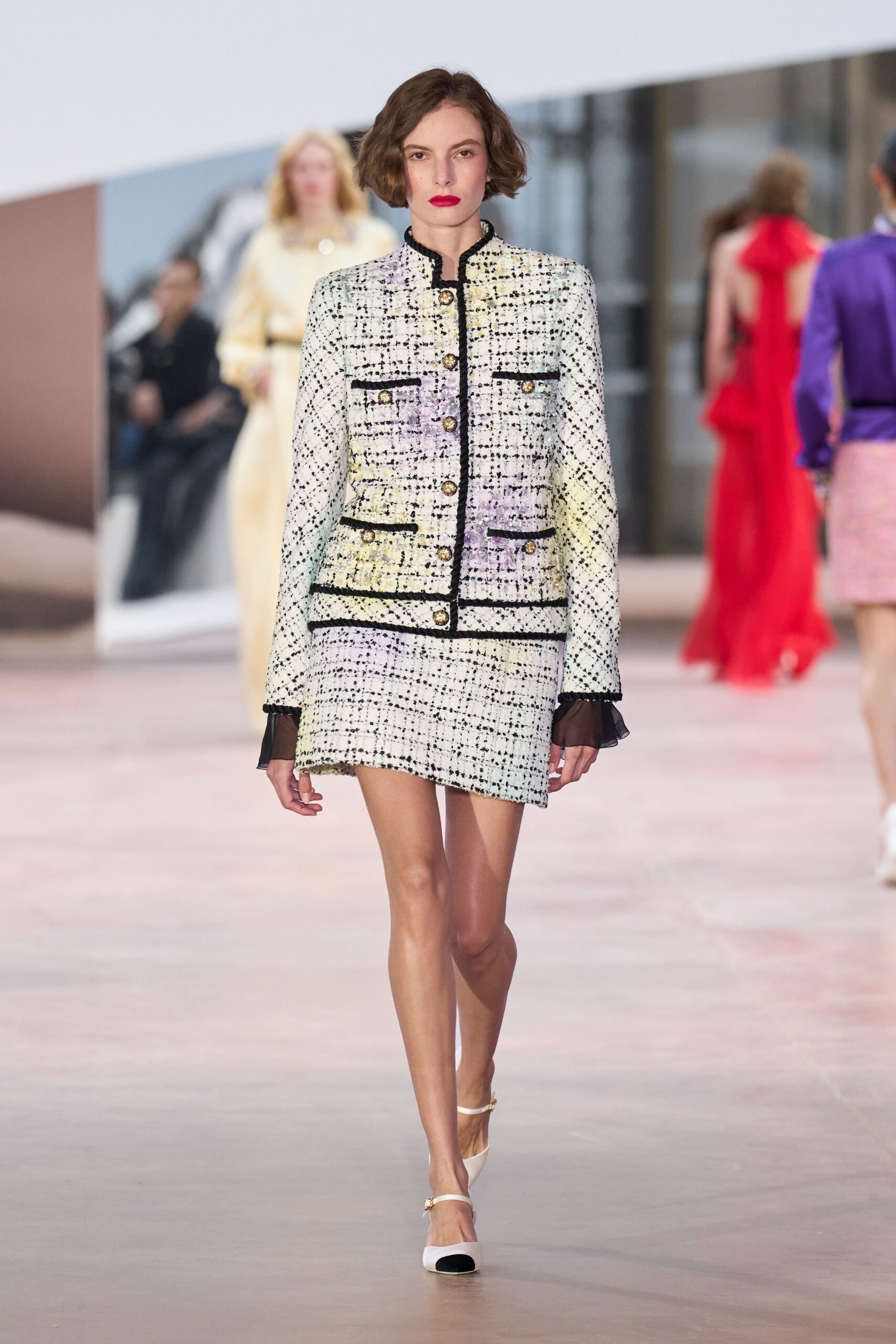multi tweed long-sleeve collared fitted buttoned layered jacket
