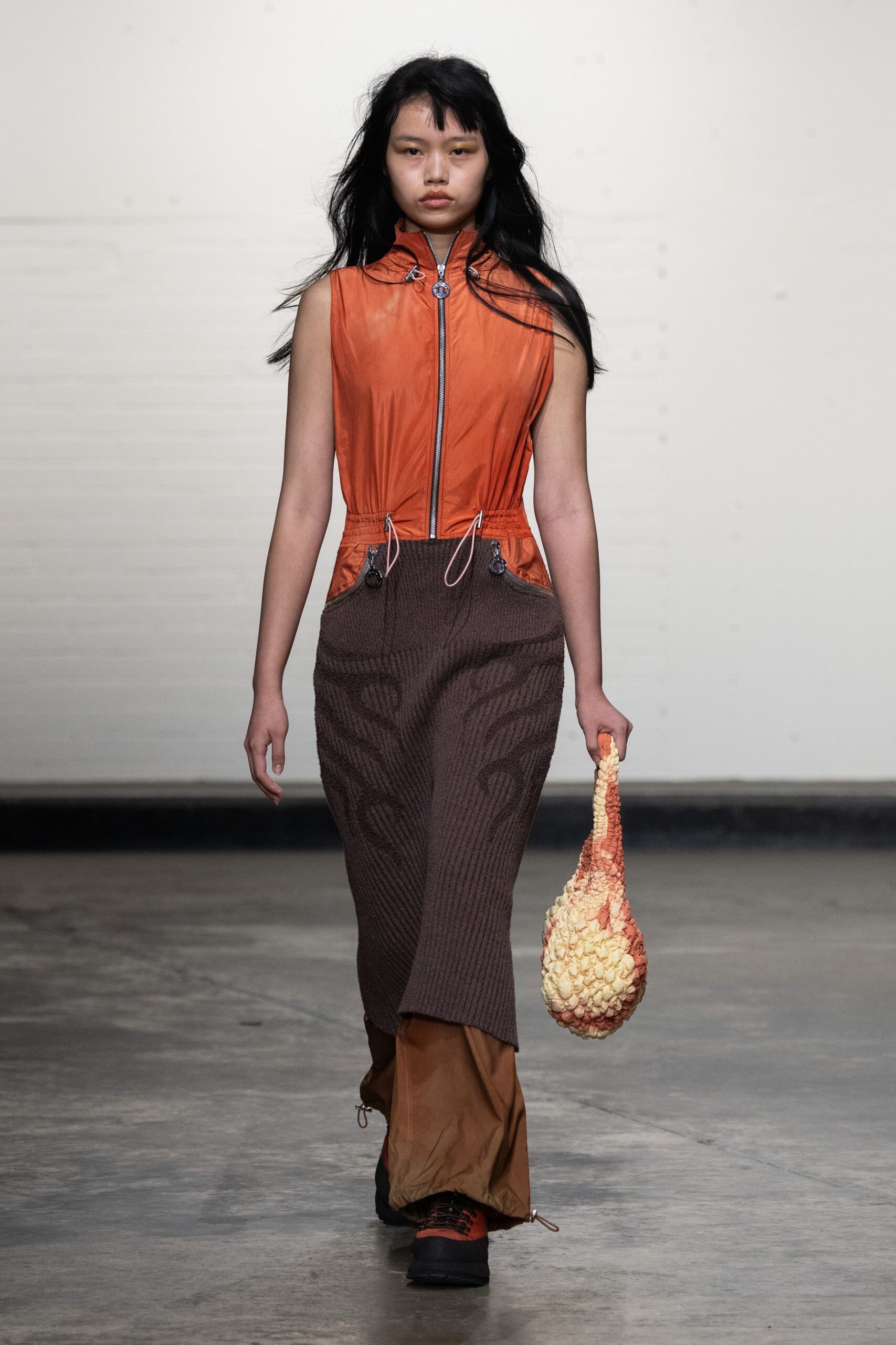 orange neoprene top with layered brown skirt