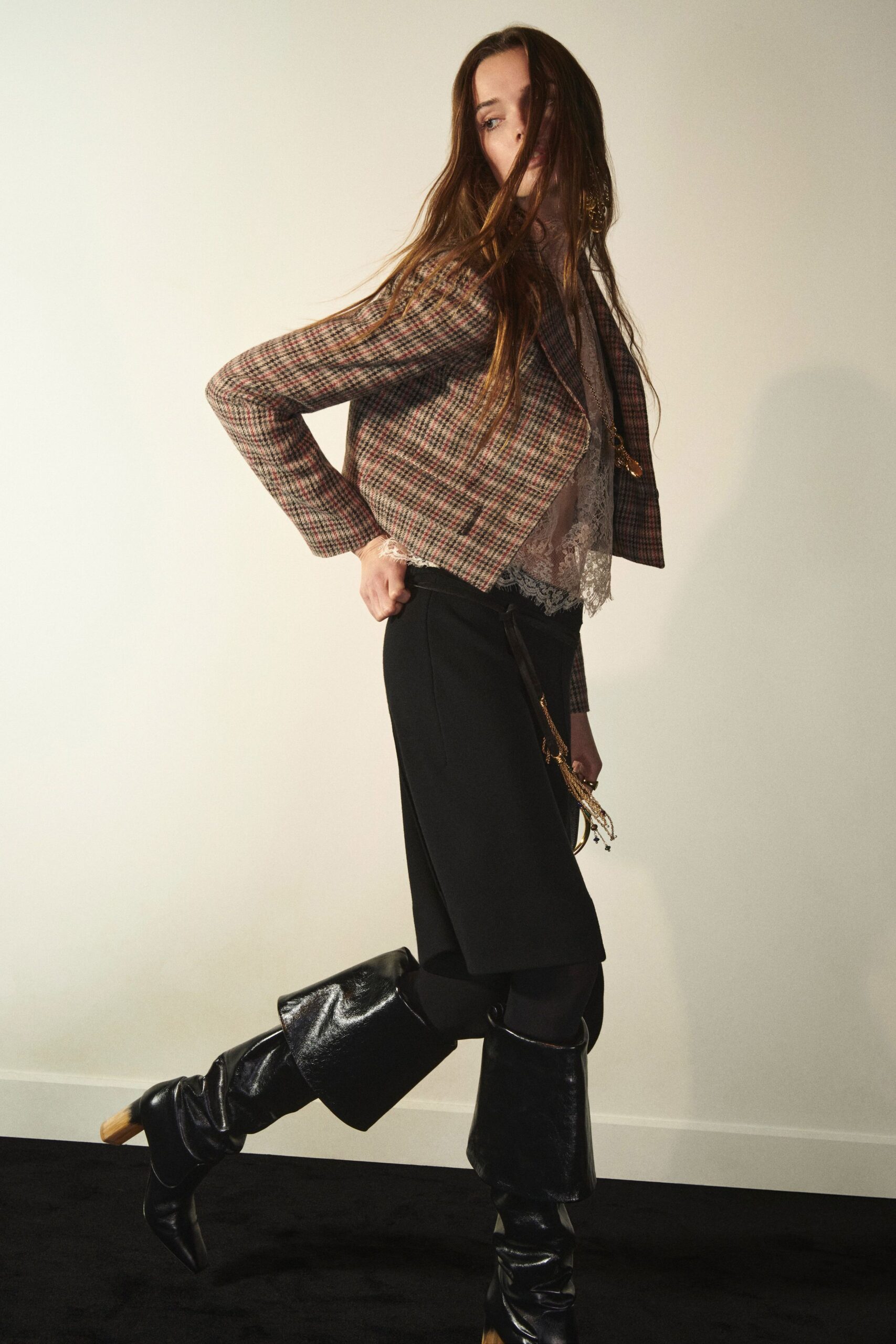 brown tweed fitted jacket with black lace blouse