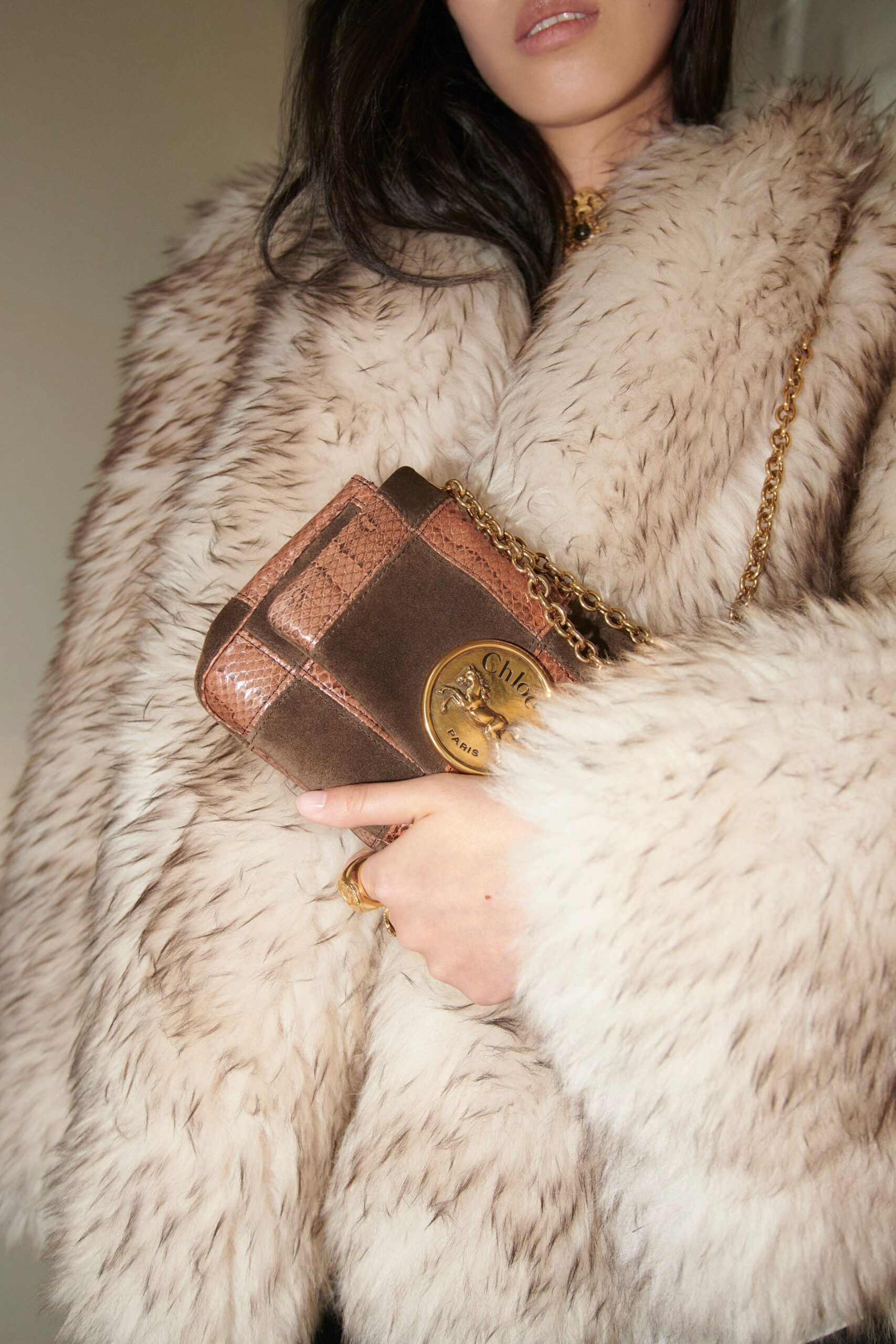 white fur long-sleeve collared oversized pockets textured coat