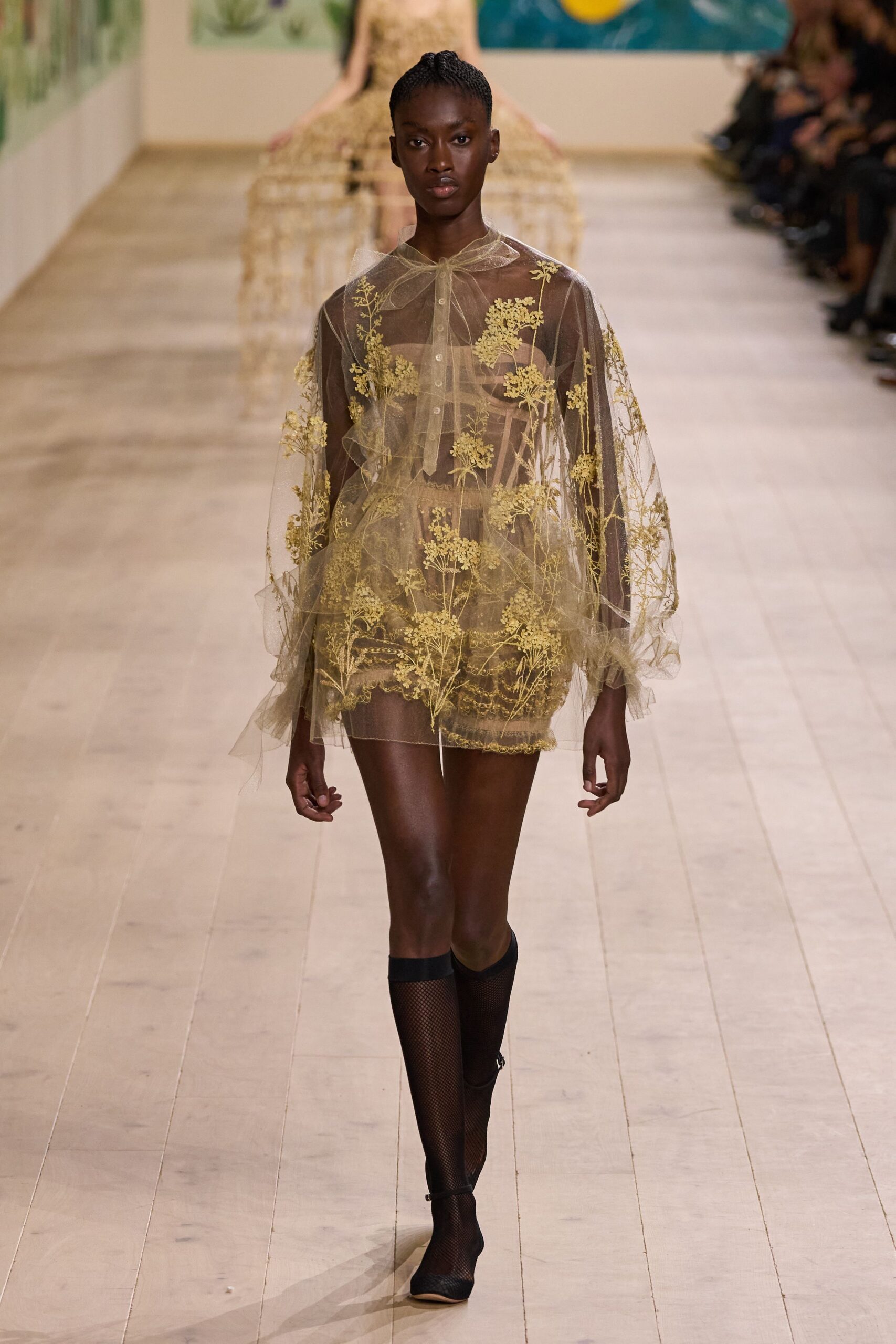 gold tulle long-sleeve high-neck fitted embroidered layered dress