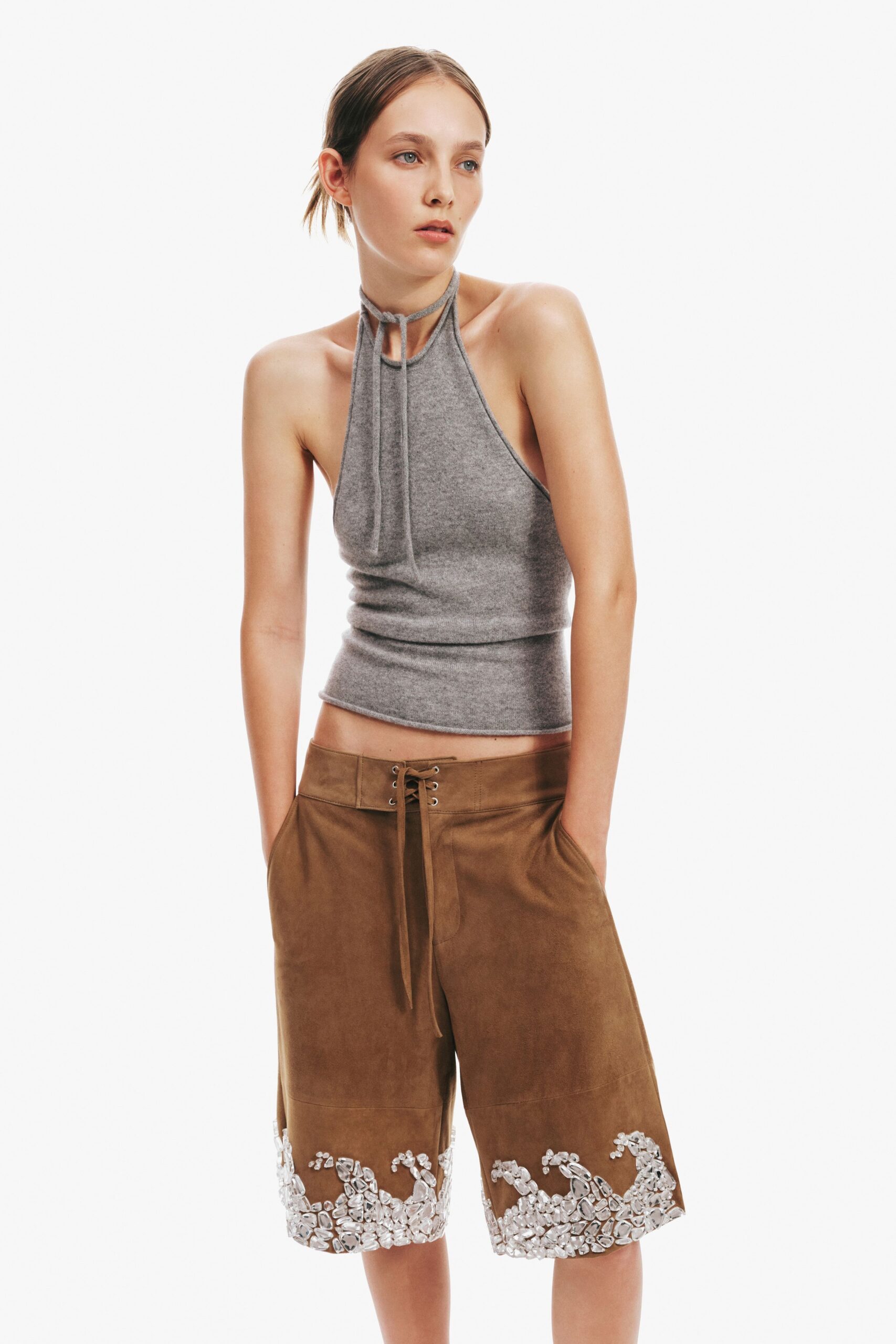 brown suede relaxed embroidered shorts