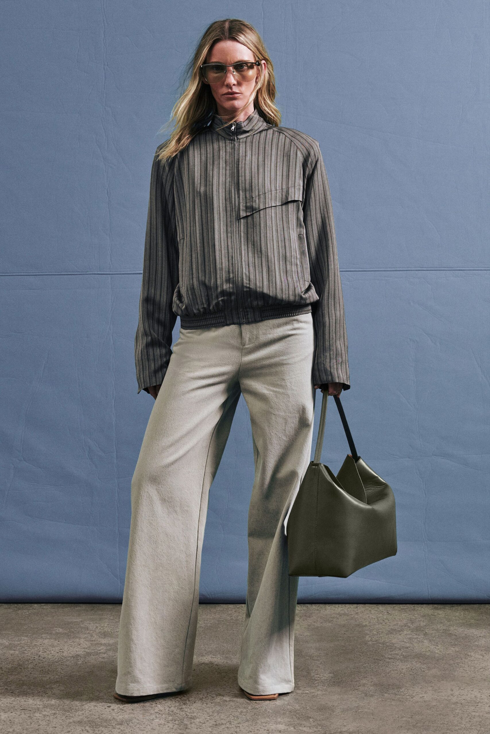 gray striped shirt with wide-leg pants