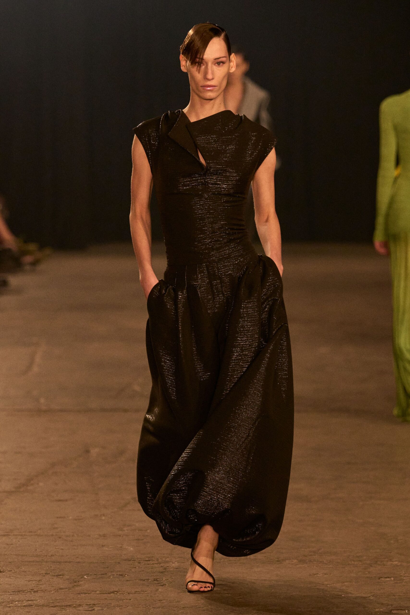 black silk draped maxi dress