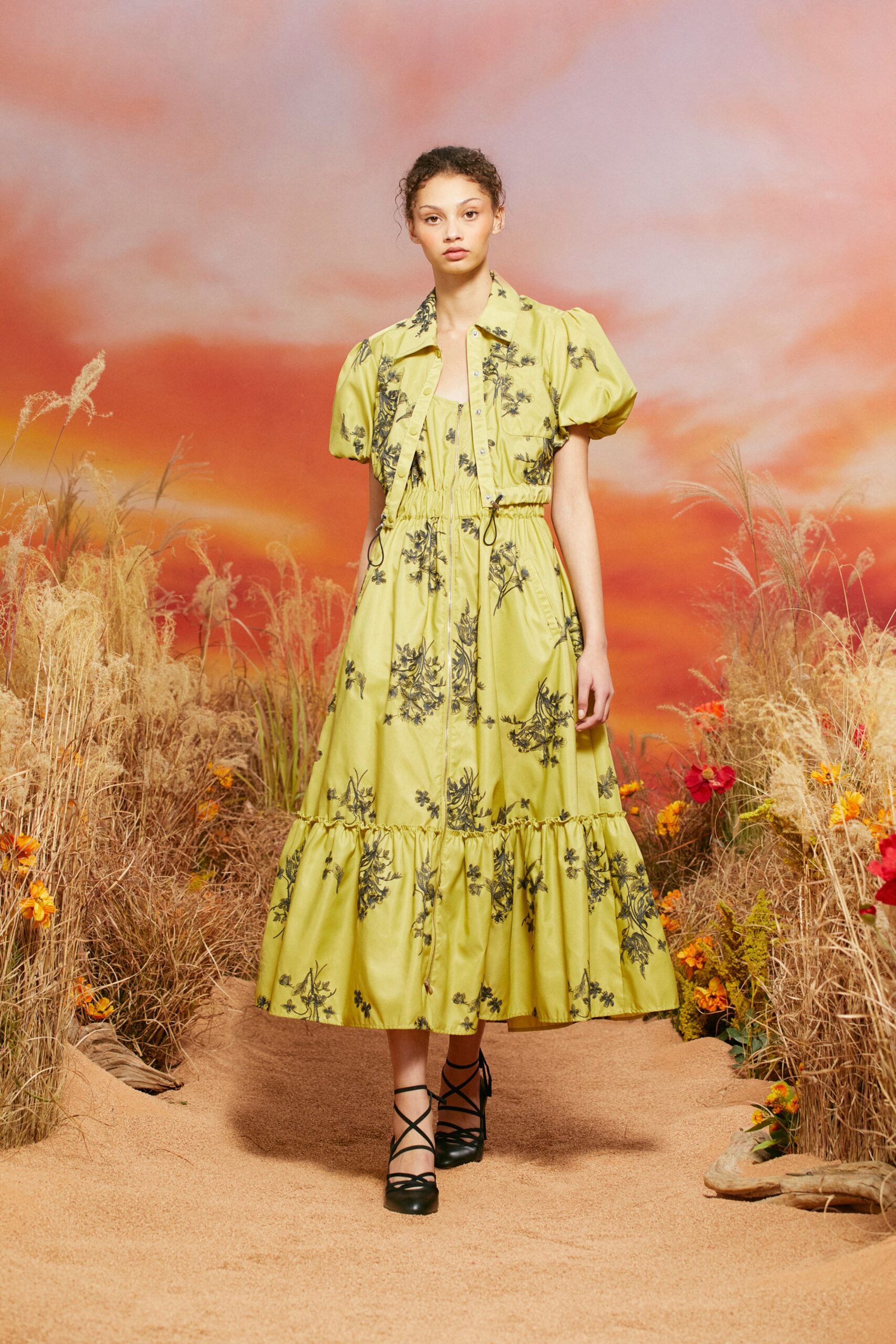 yellow cotton short-sleeve collared relaxed flared embroidered dress