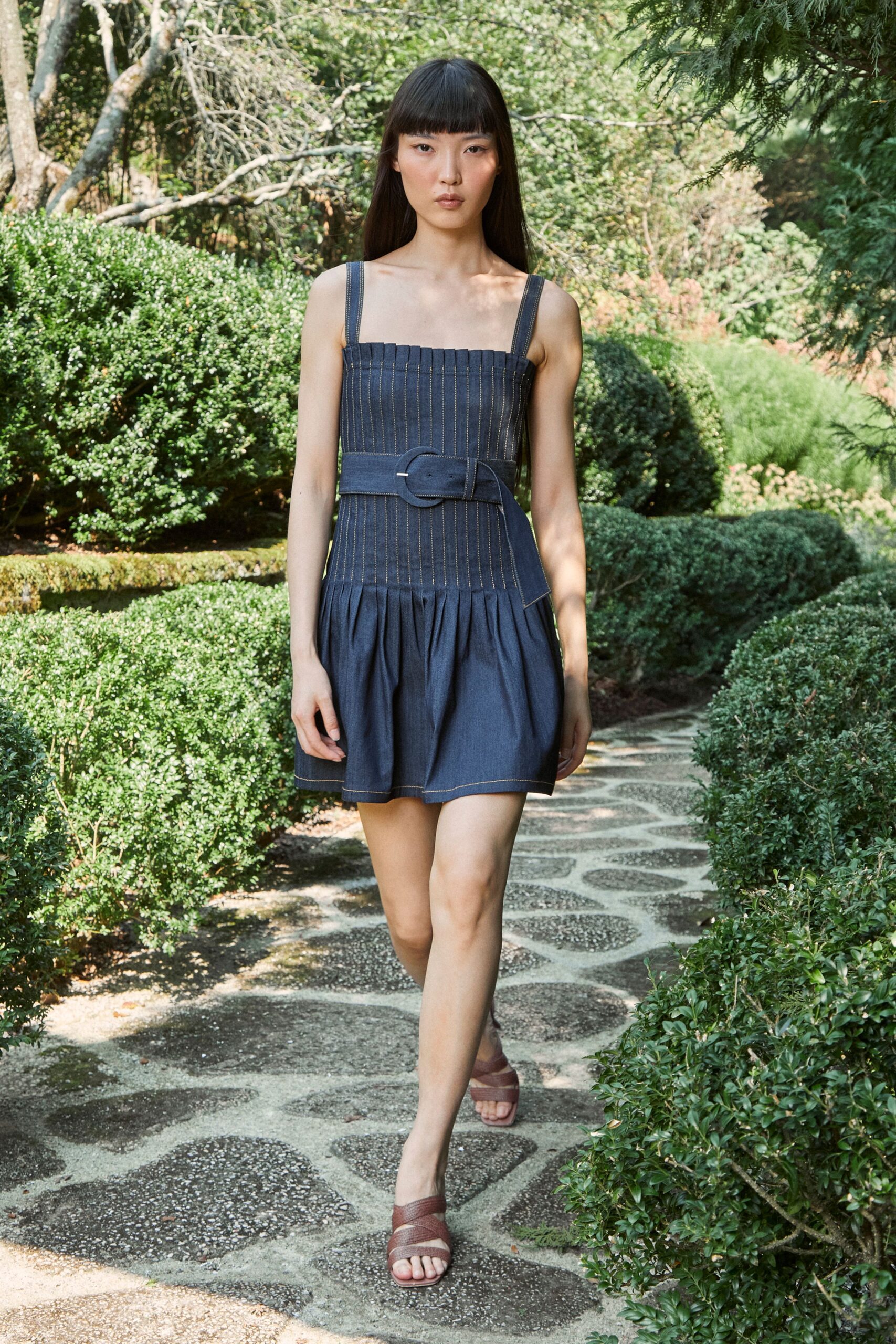 blue denim sleeveless square-neck fitted pleated belted dress