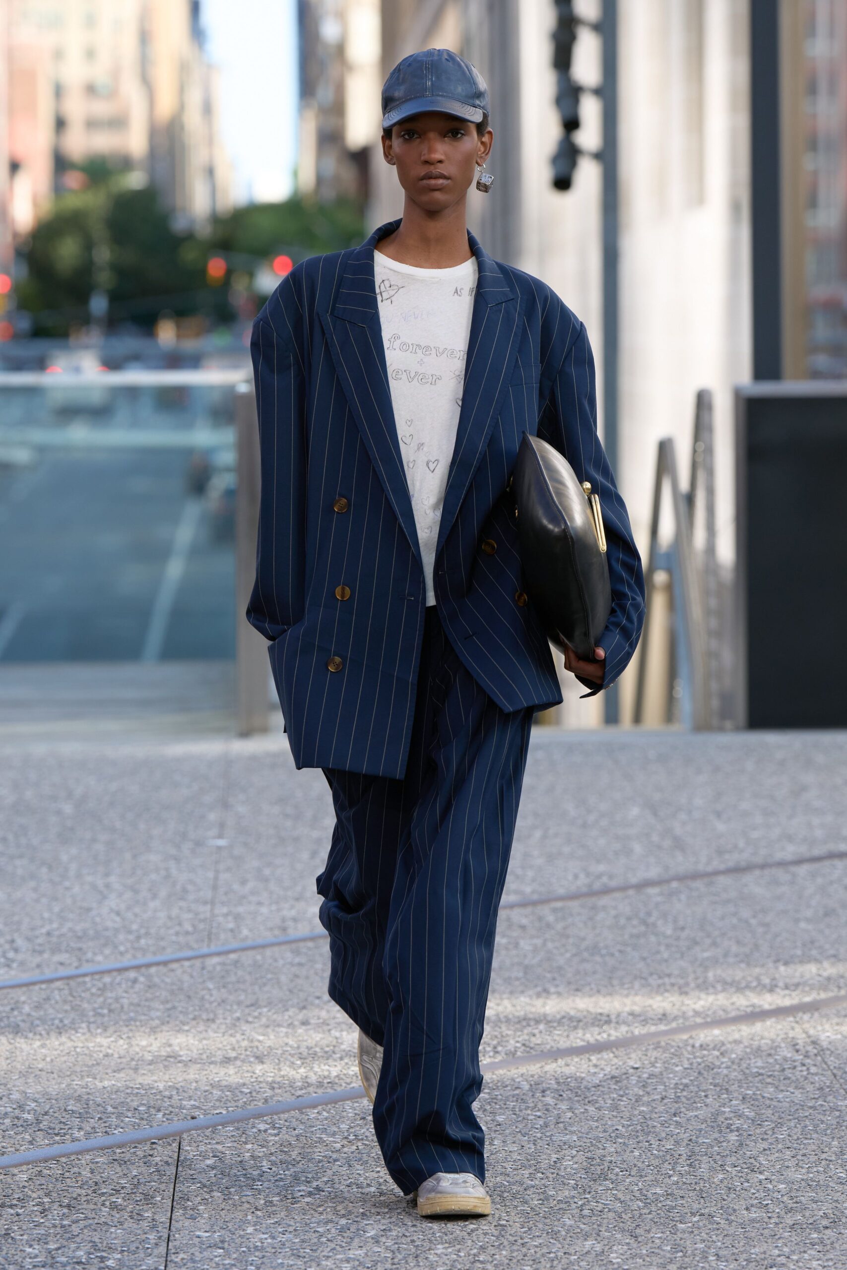 blue cotton long-sleeve collared oversized striped buttoned blazer