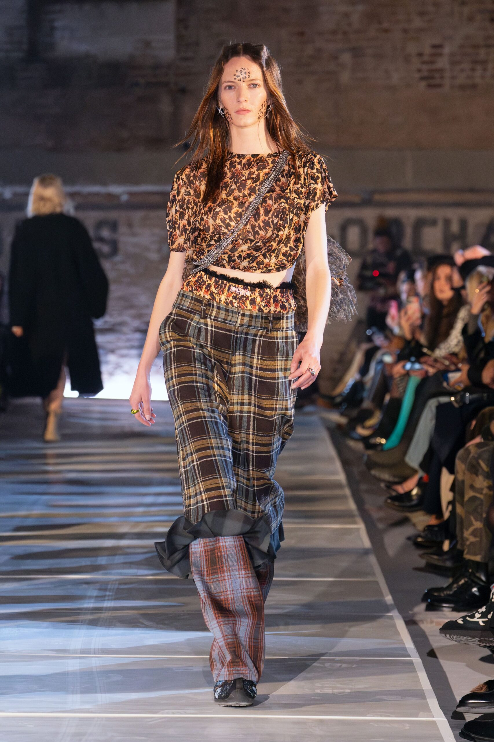 printed silk top with checked pants