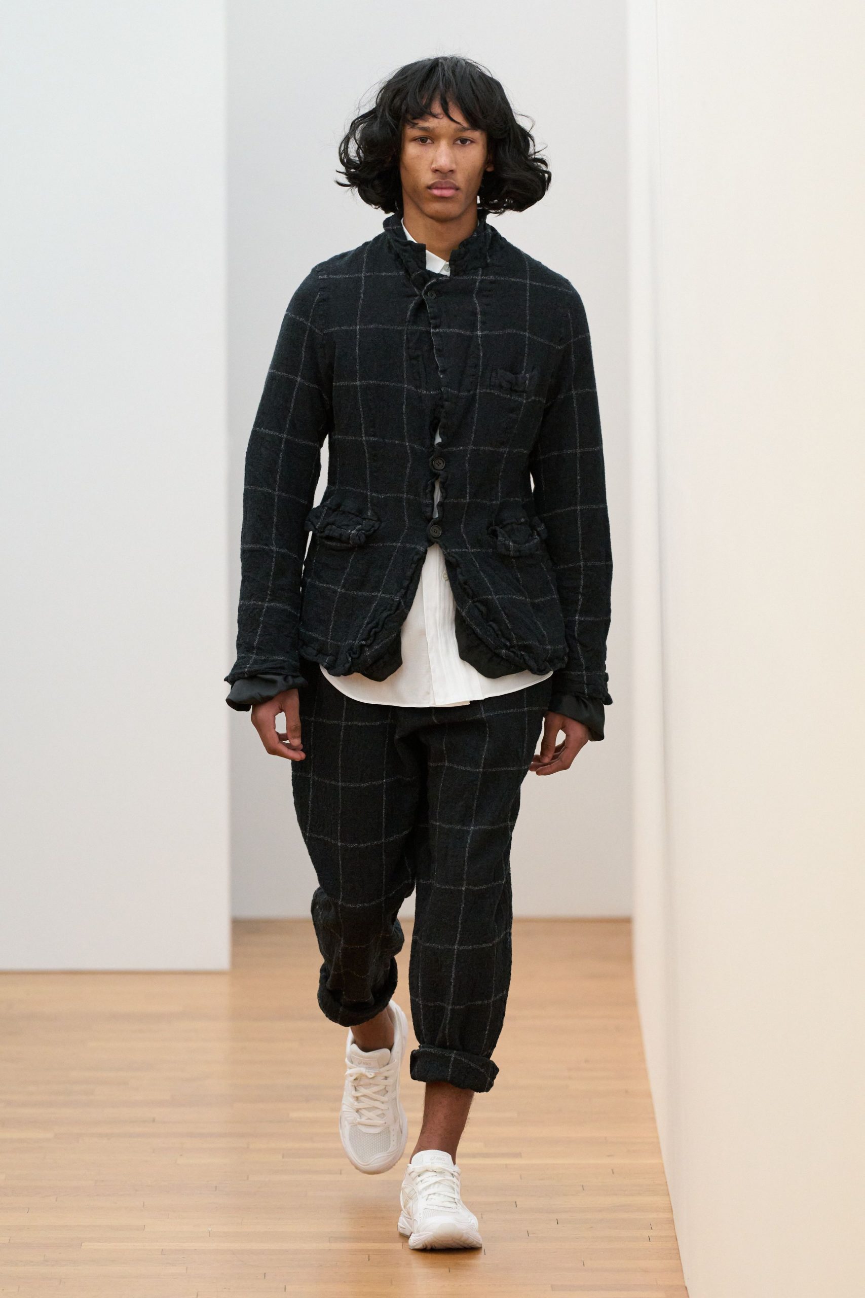 relaxed black checked jacket with white shirt