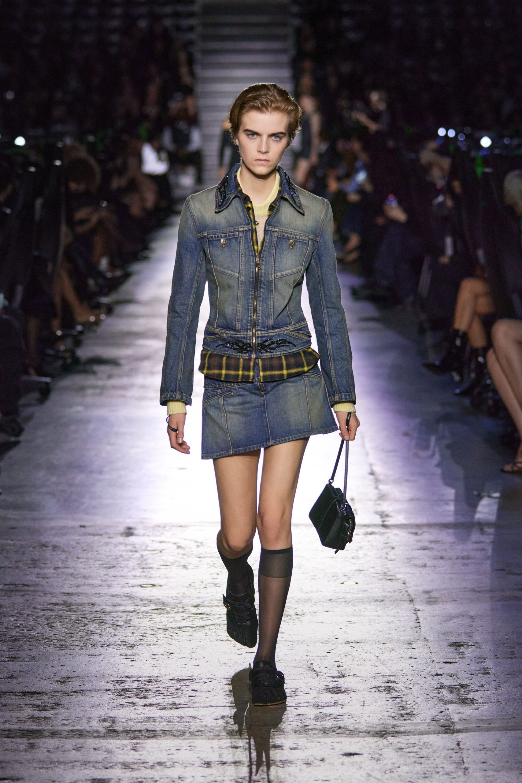 blue denim jacket and mini skirt
