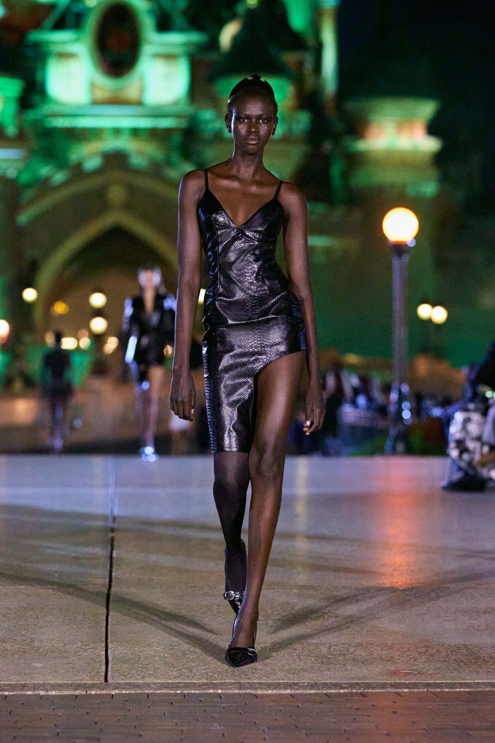 black leather sleeveless v-neck fitted mini dress
