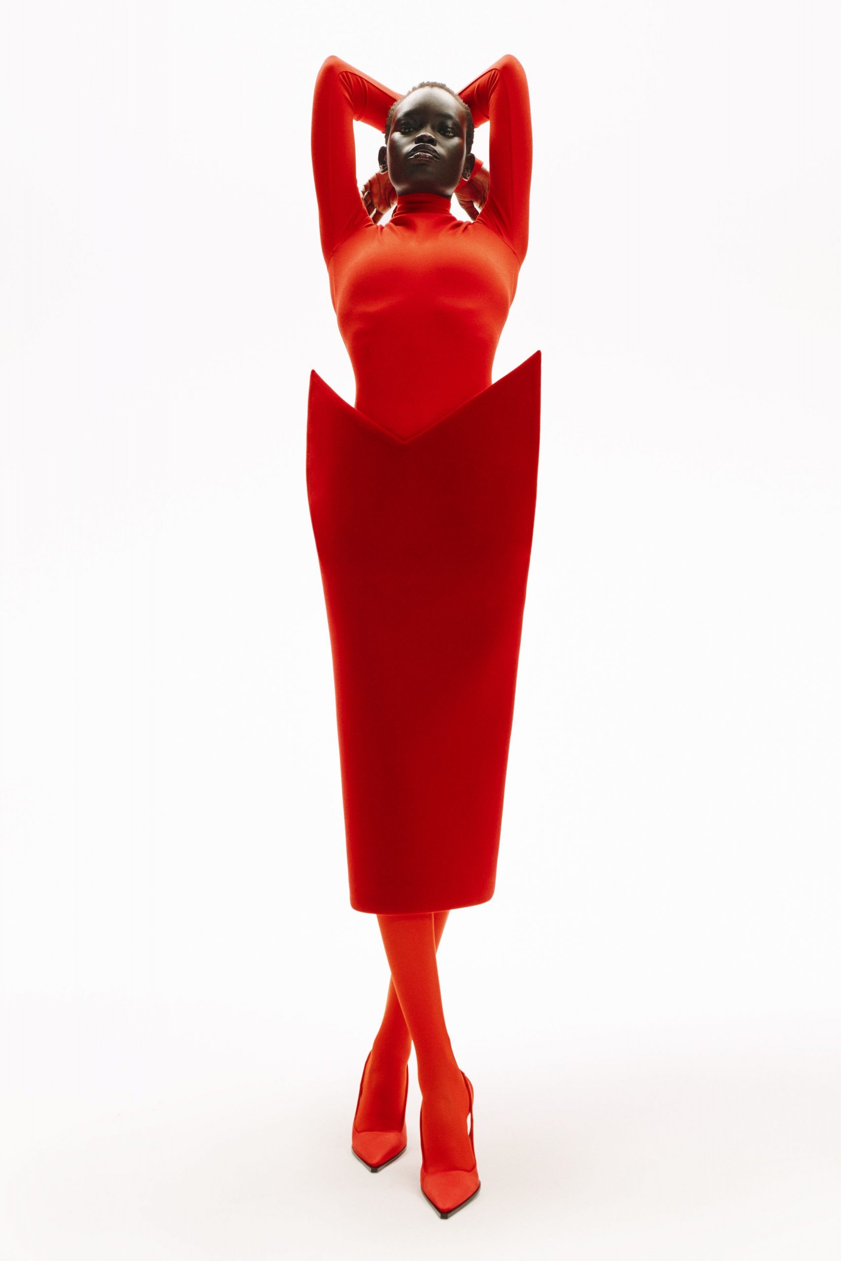 red cotton sleeveless high-neck fitted structured midi dress