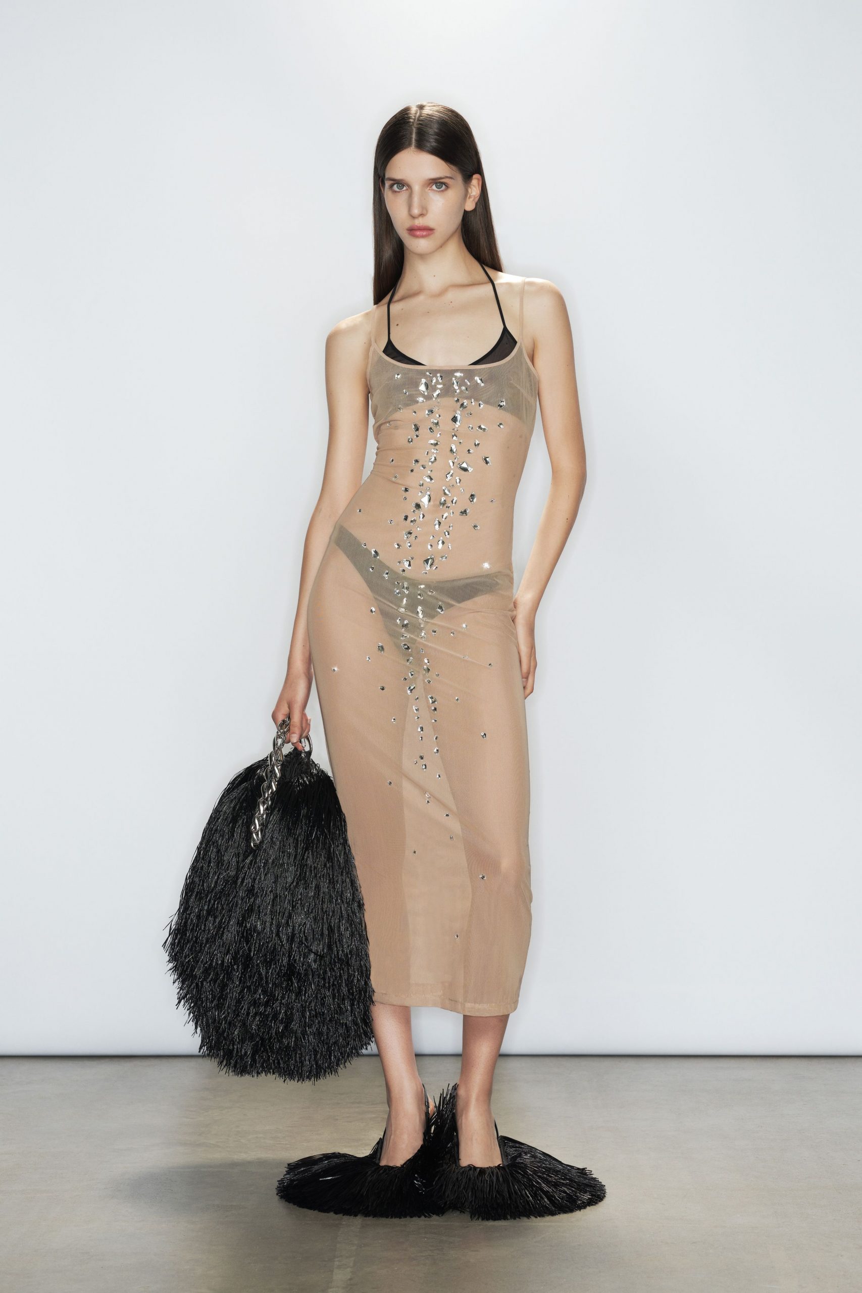 beige sheer sequined midi dress