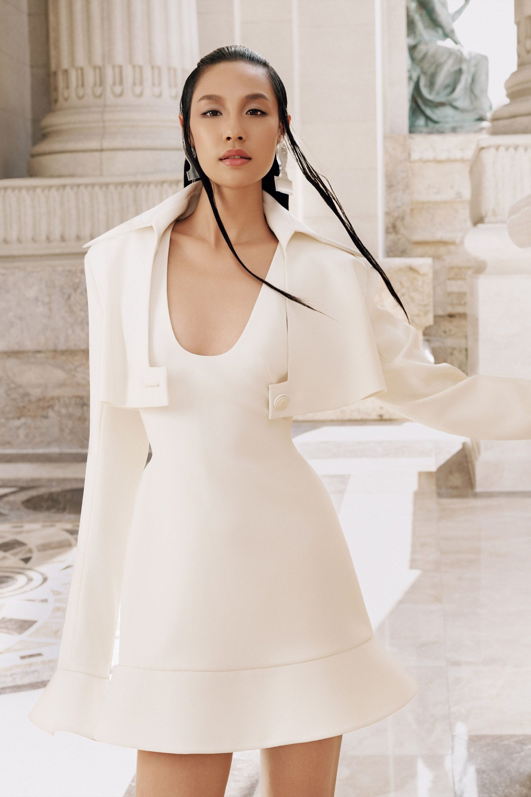white cotton sleeveless v-neck fitted flared mini dress