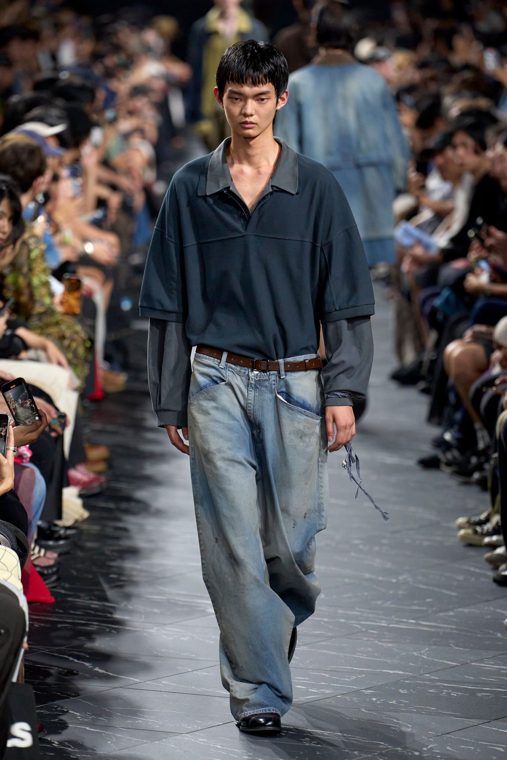blue relaxed shirt with distressed jeans