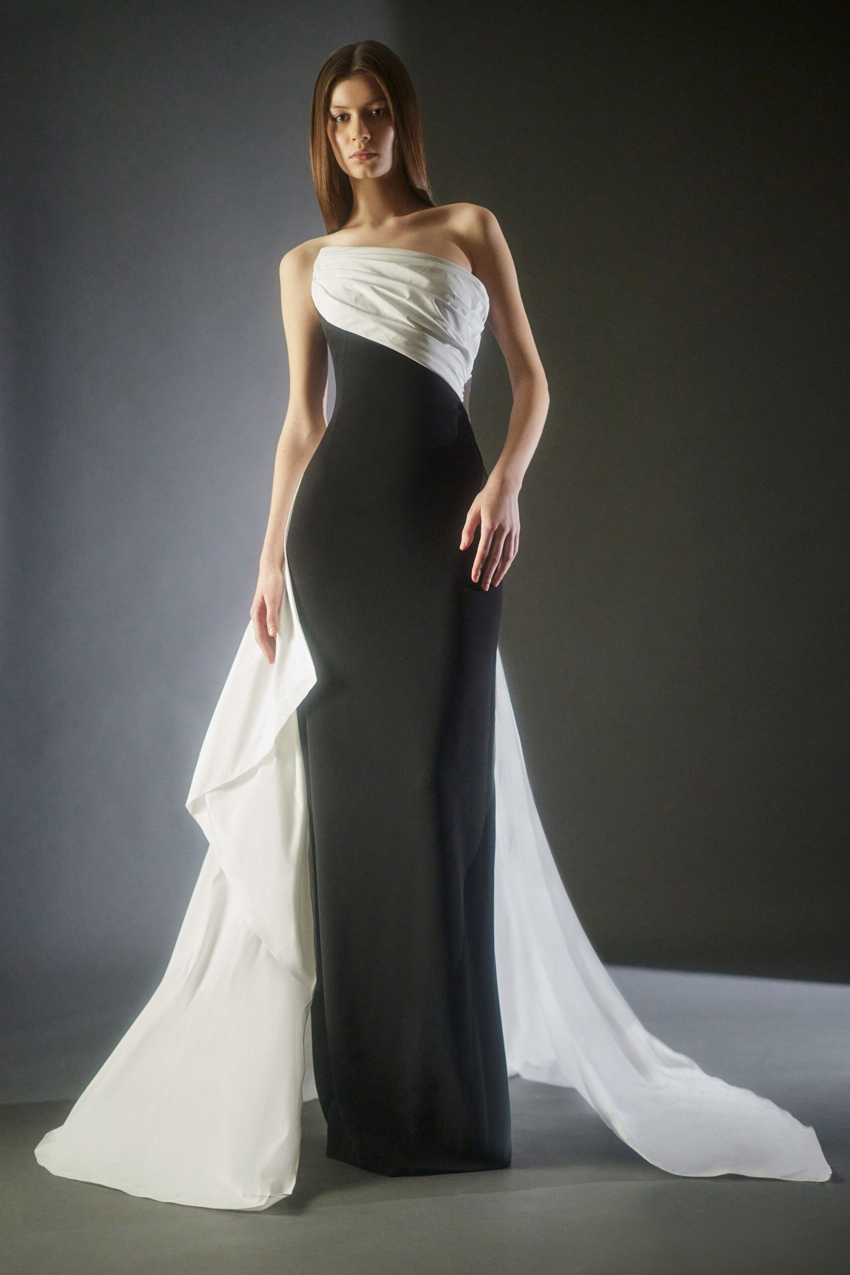 black and white draped gown