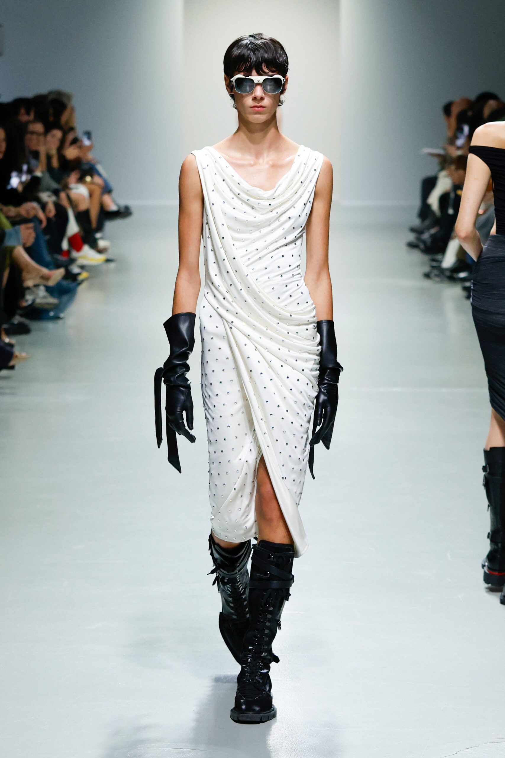 white draped midi dress with gloves