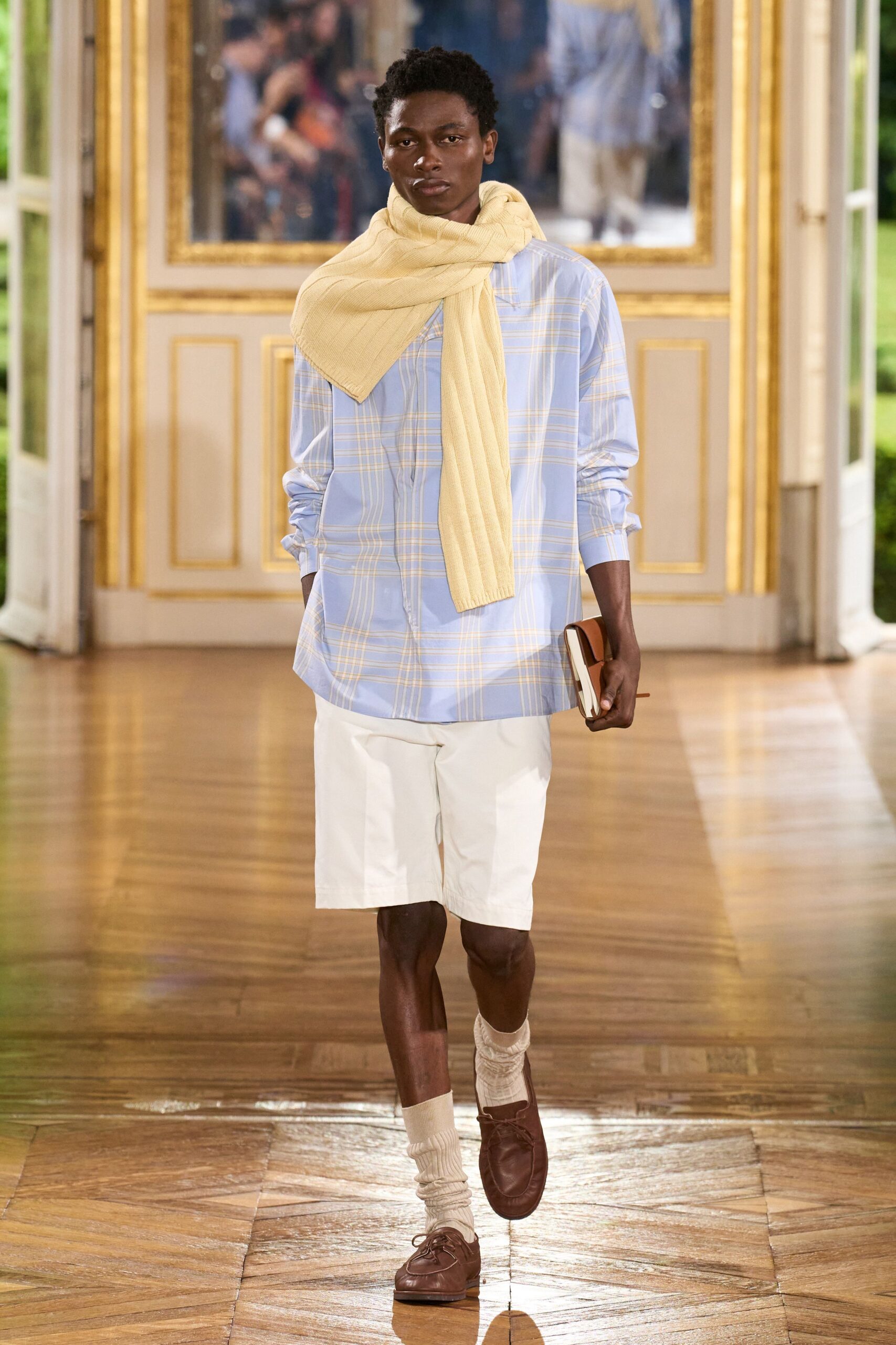 blue checked shirt with yellow scarf