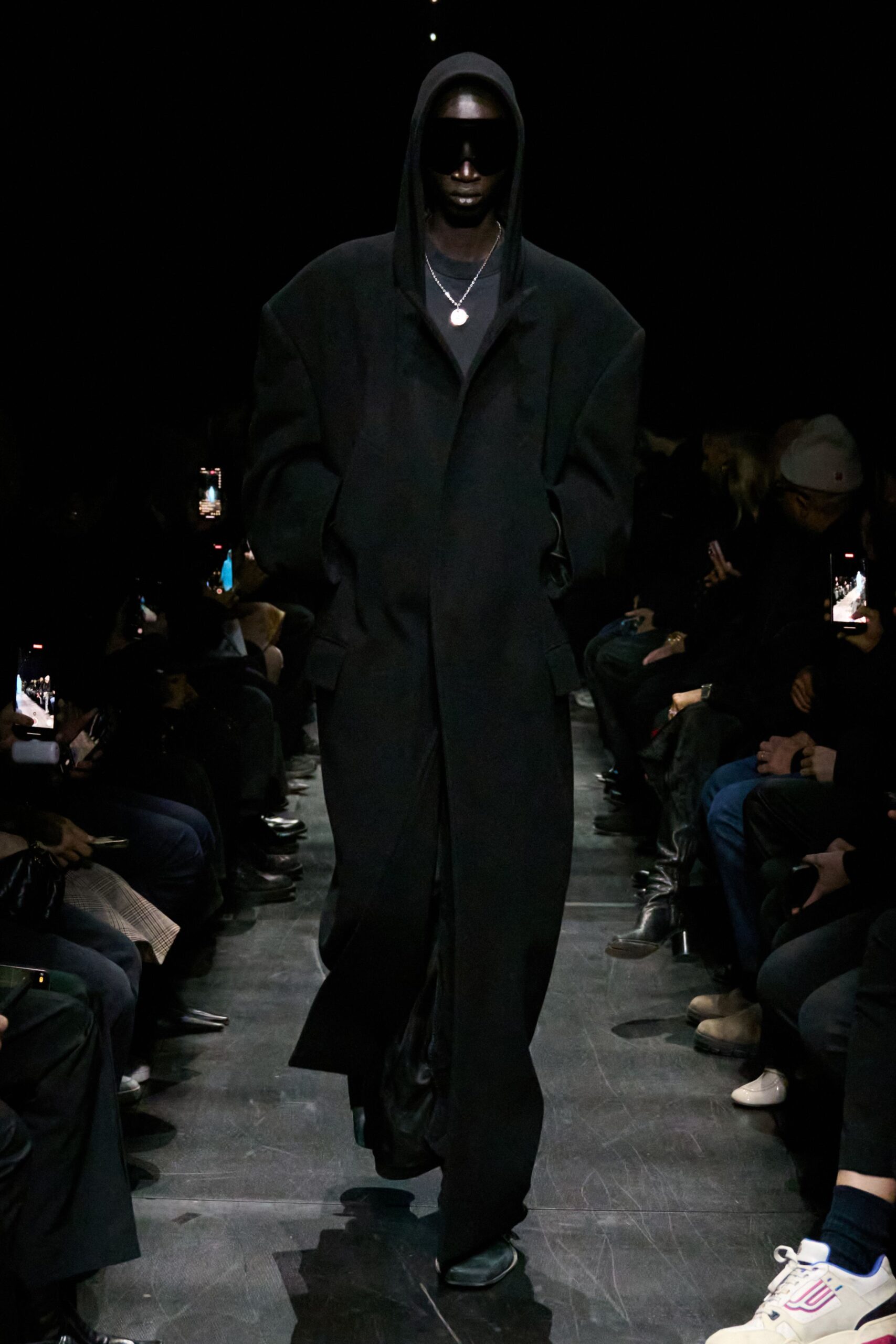 black wool hooded long-sleeve oversized maxi coat