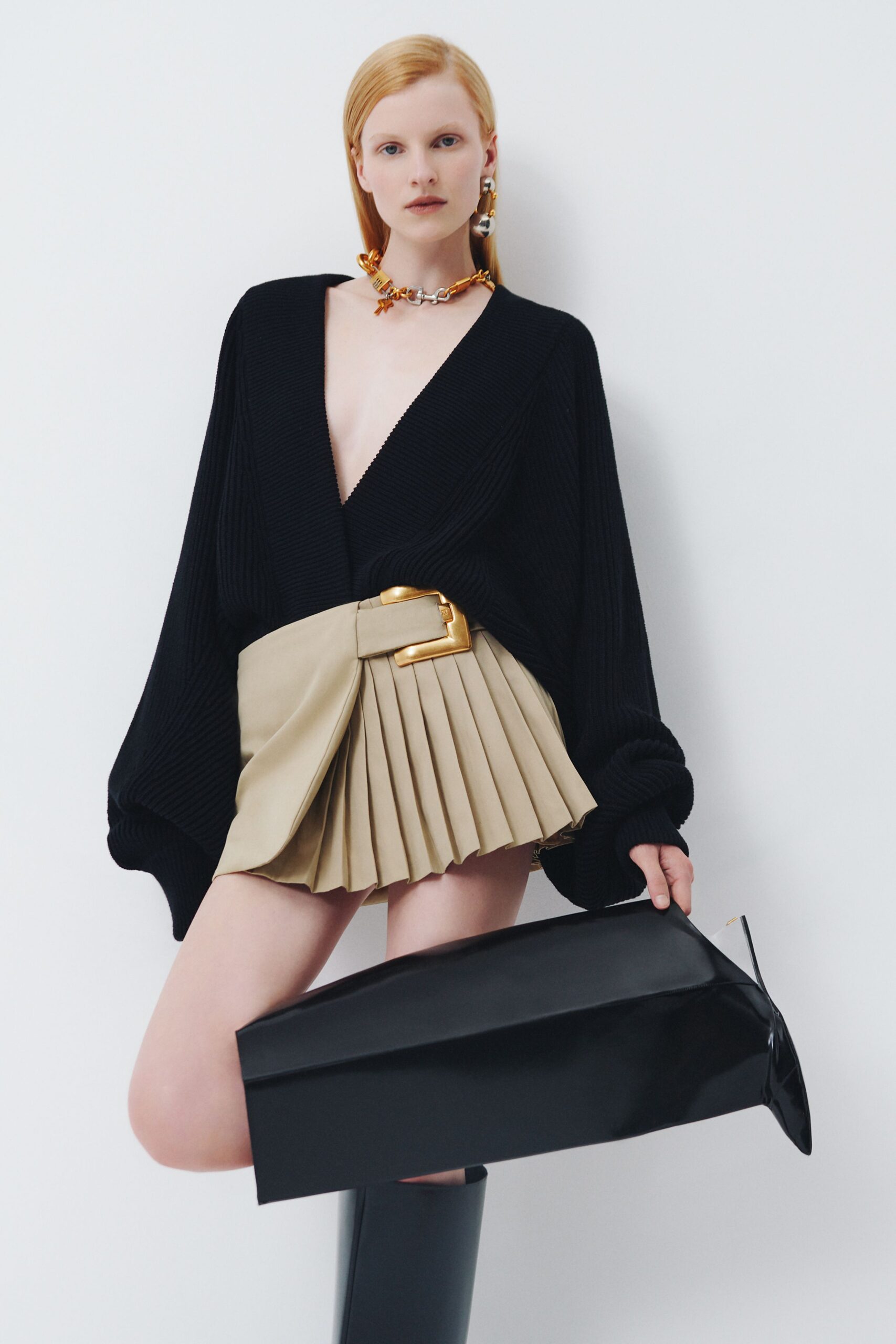 beige cotton high-waisted pleated layered mini skirt