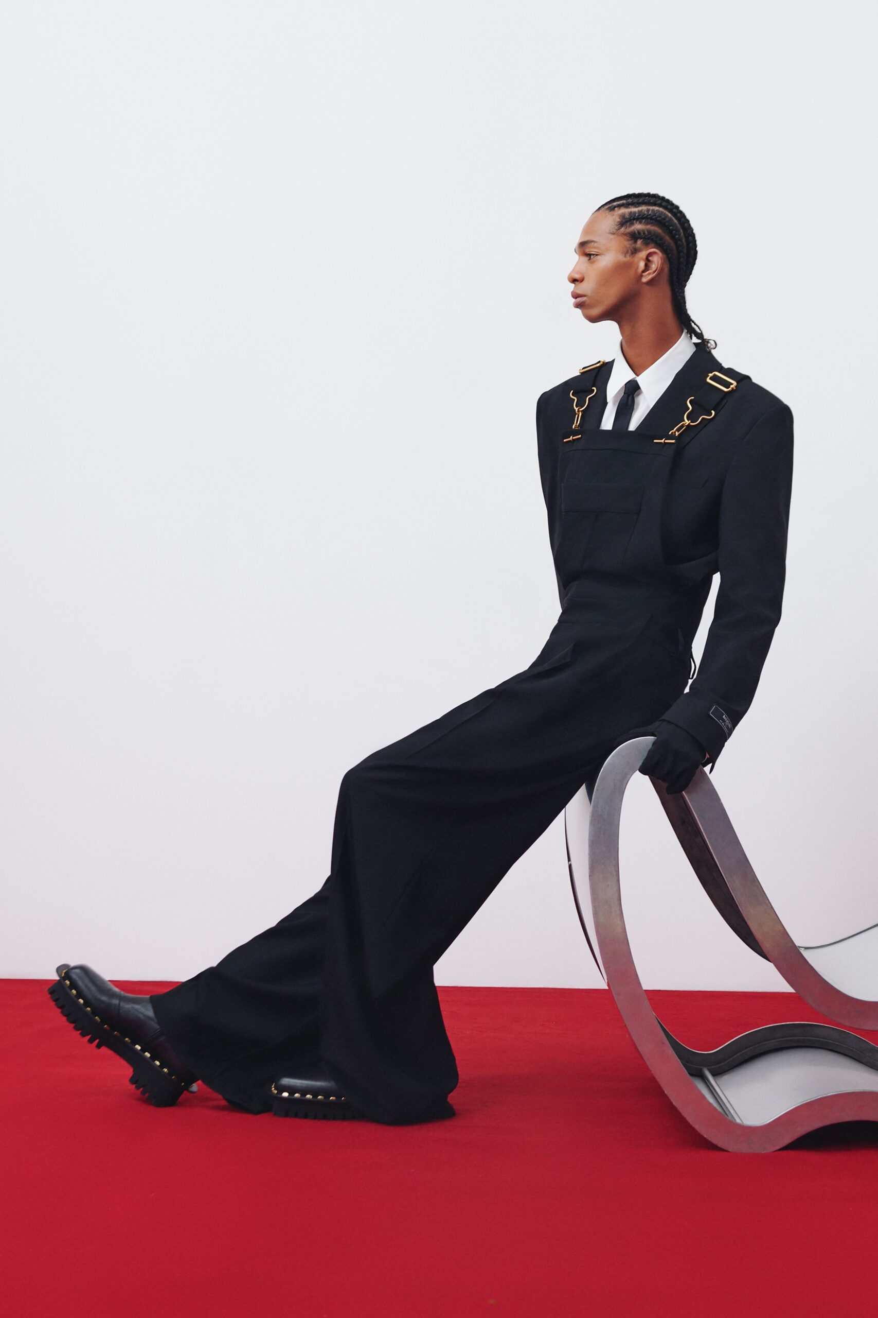 black wool long-sleeve collared tailored pockets embellished jumpsuit