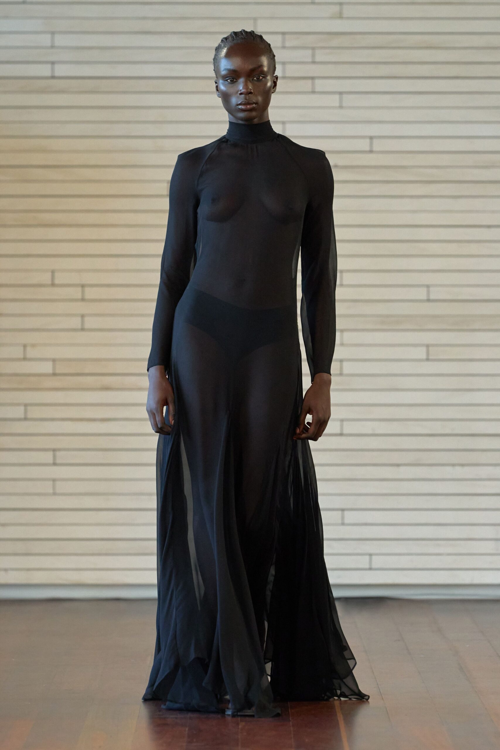 black sheer long-sleeve gown