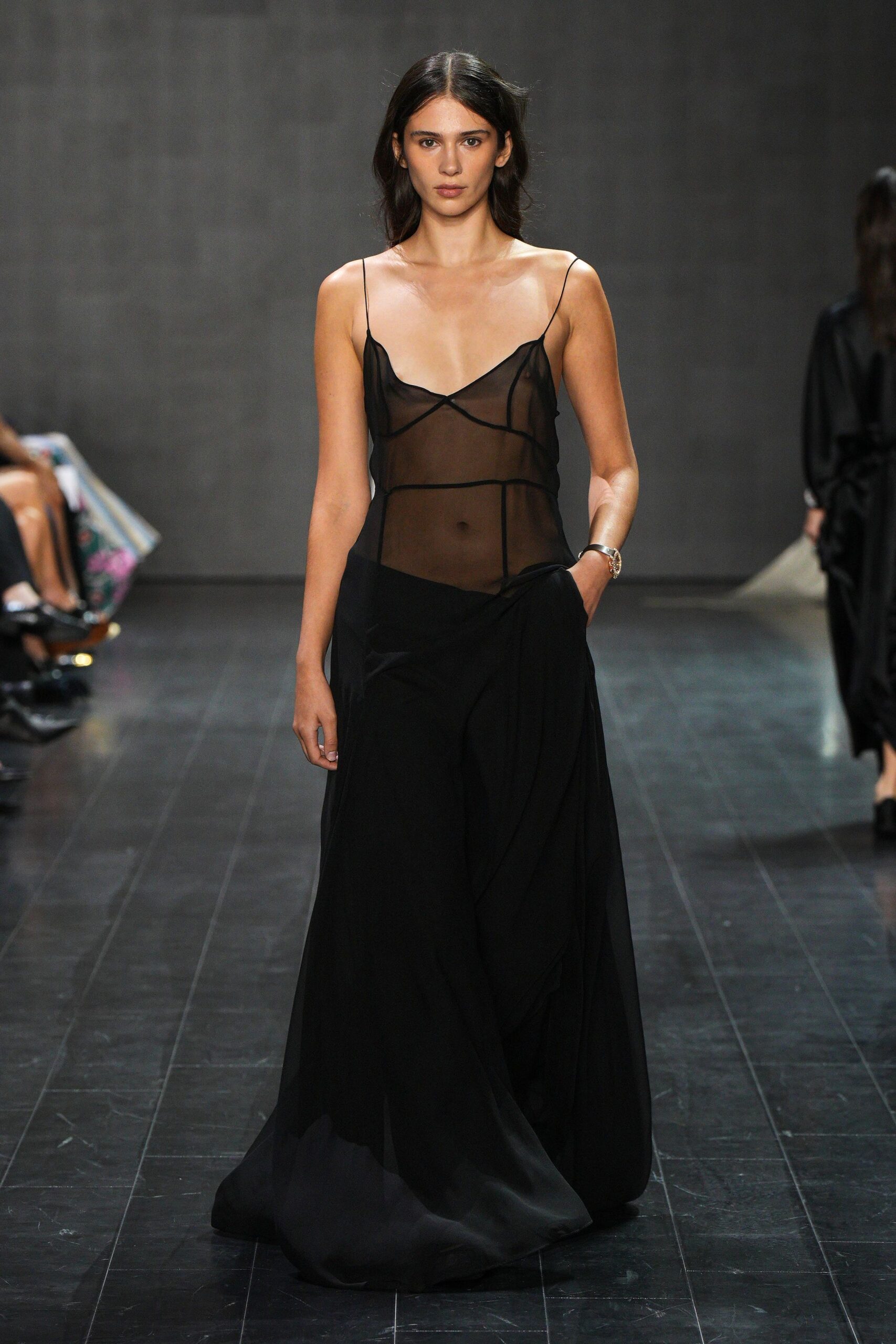 black sheer top with maxi skirt