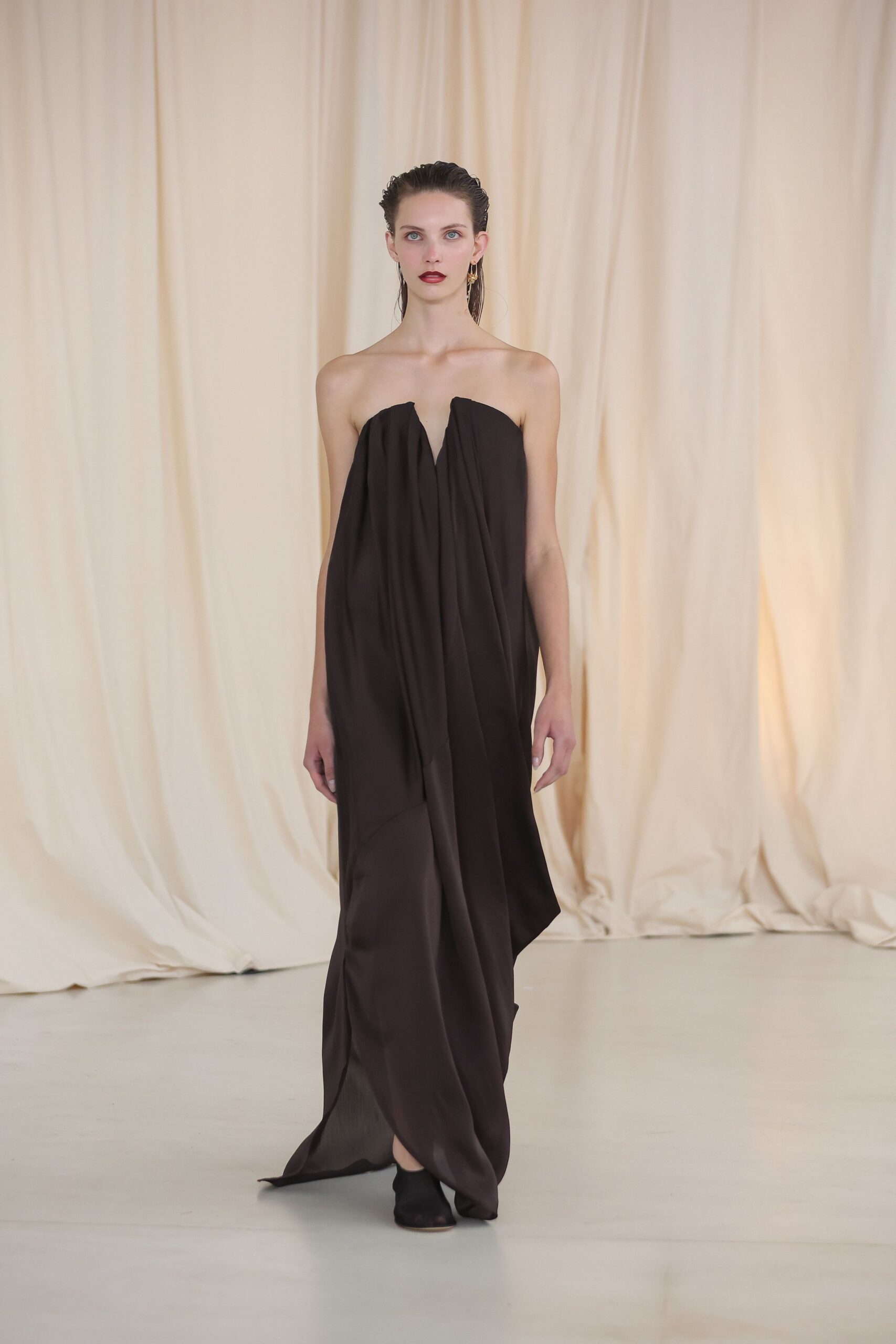 brown chiffon strapless high-neck relaxed draped layered gown