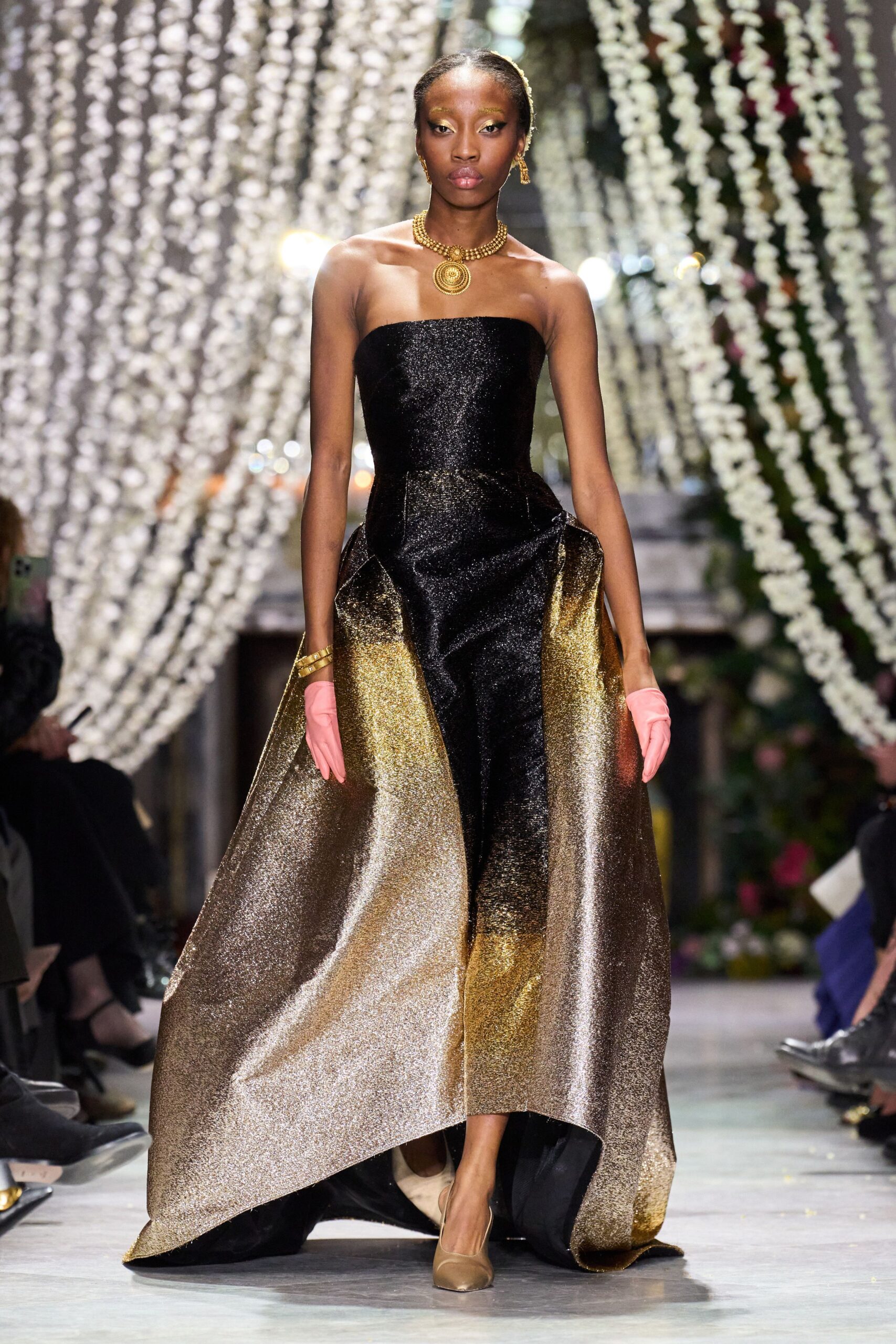 black and gold strapless gown