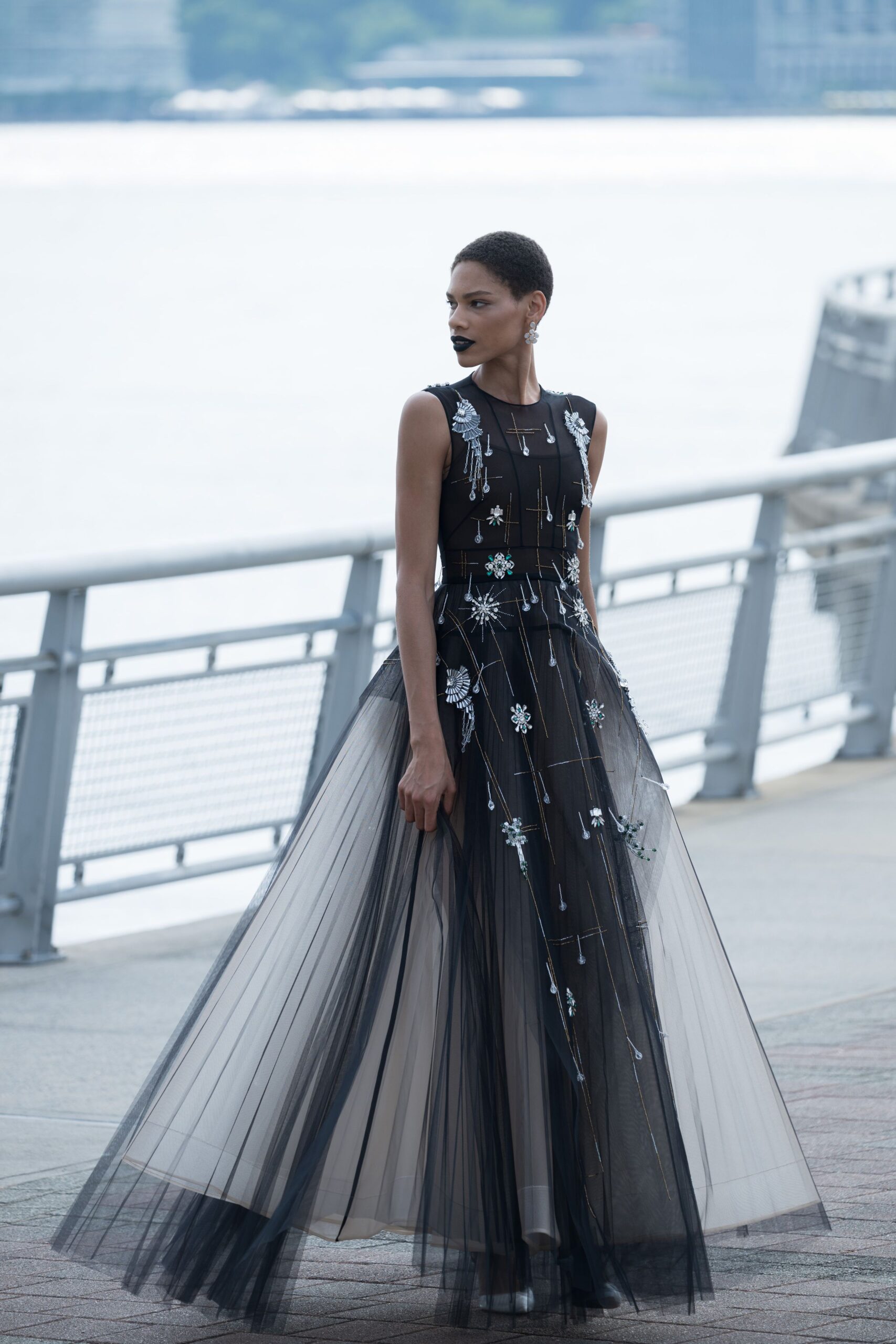 black embroidered flowing gown