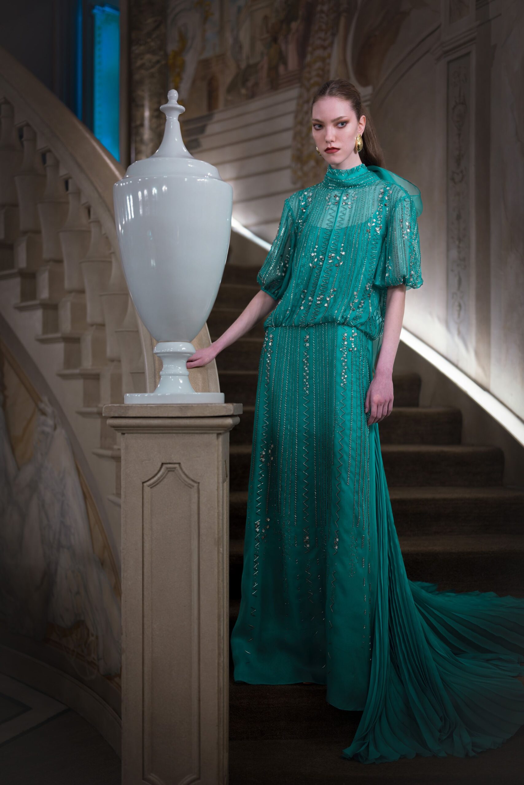 green embellished chiffon gown