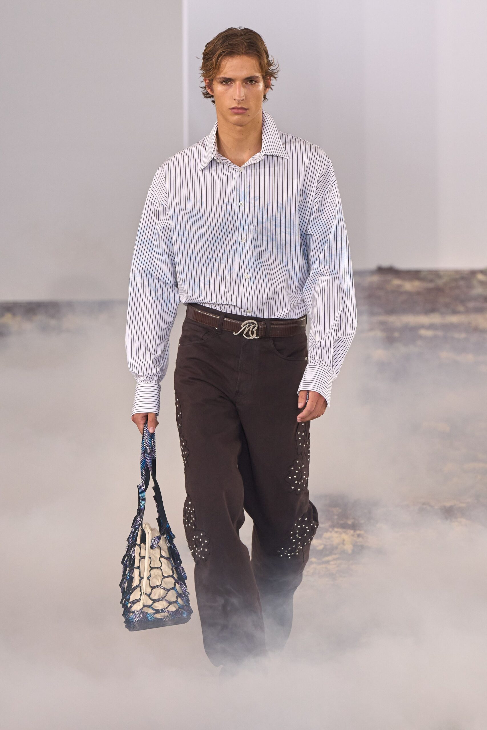 beige mesh relaxed layered printed textured bag
